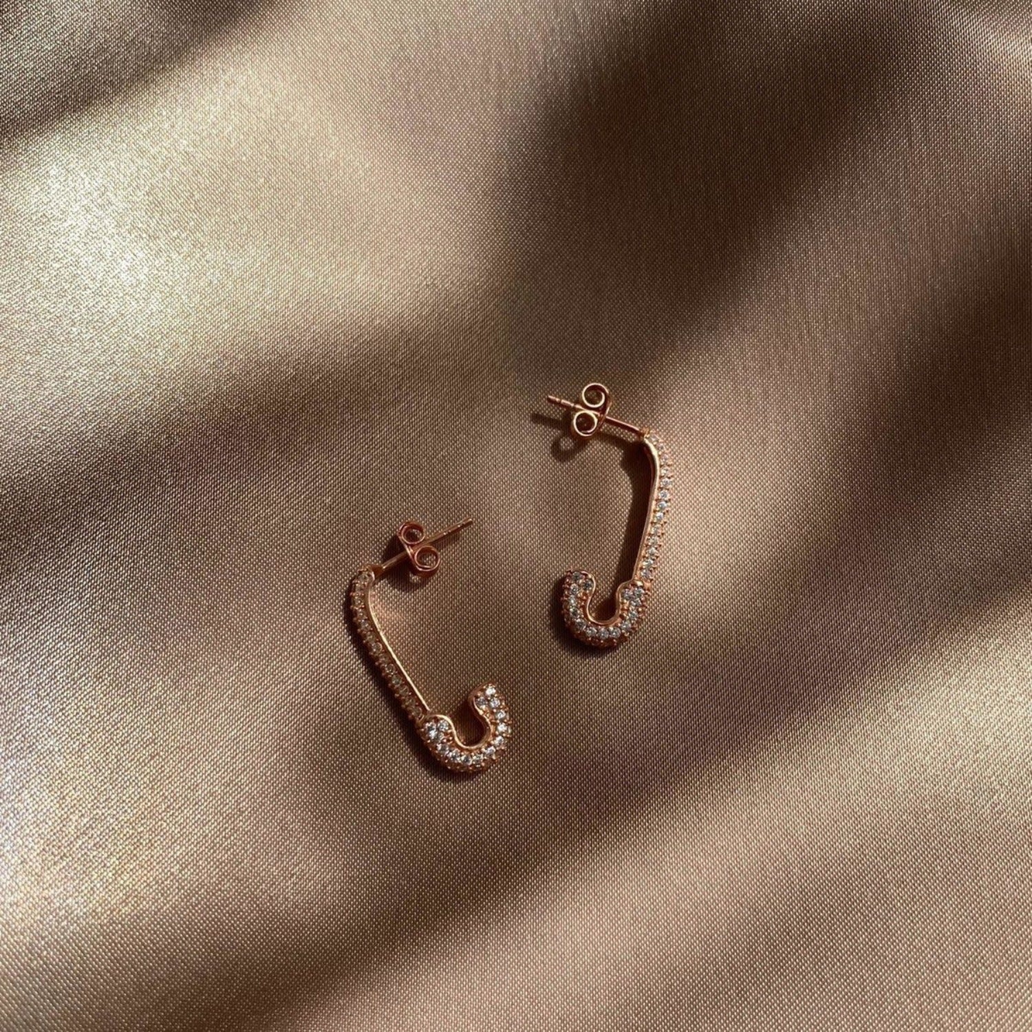 Pave Safety Pin Earrings Sterling Silver - Rose Gold