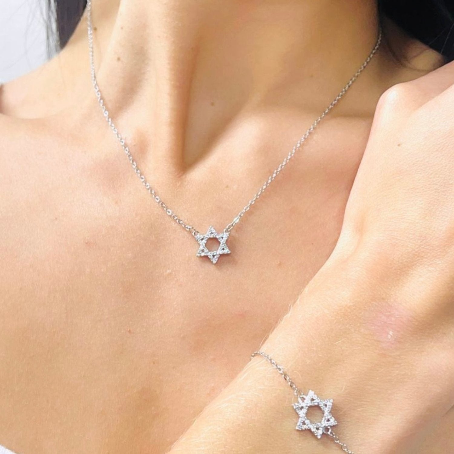 Pave Star Of David Necklace - Silver