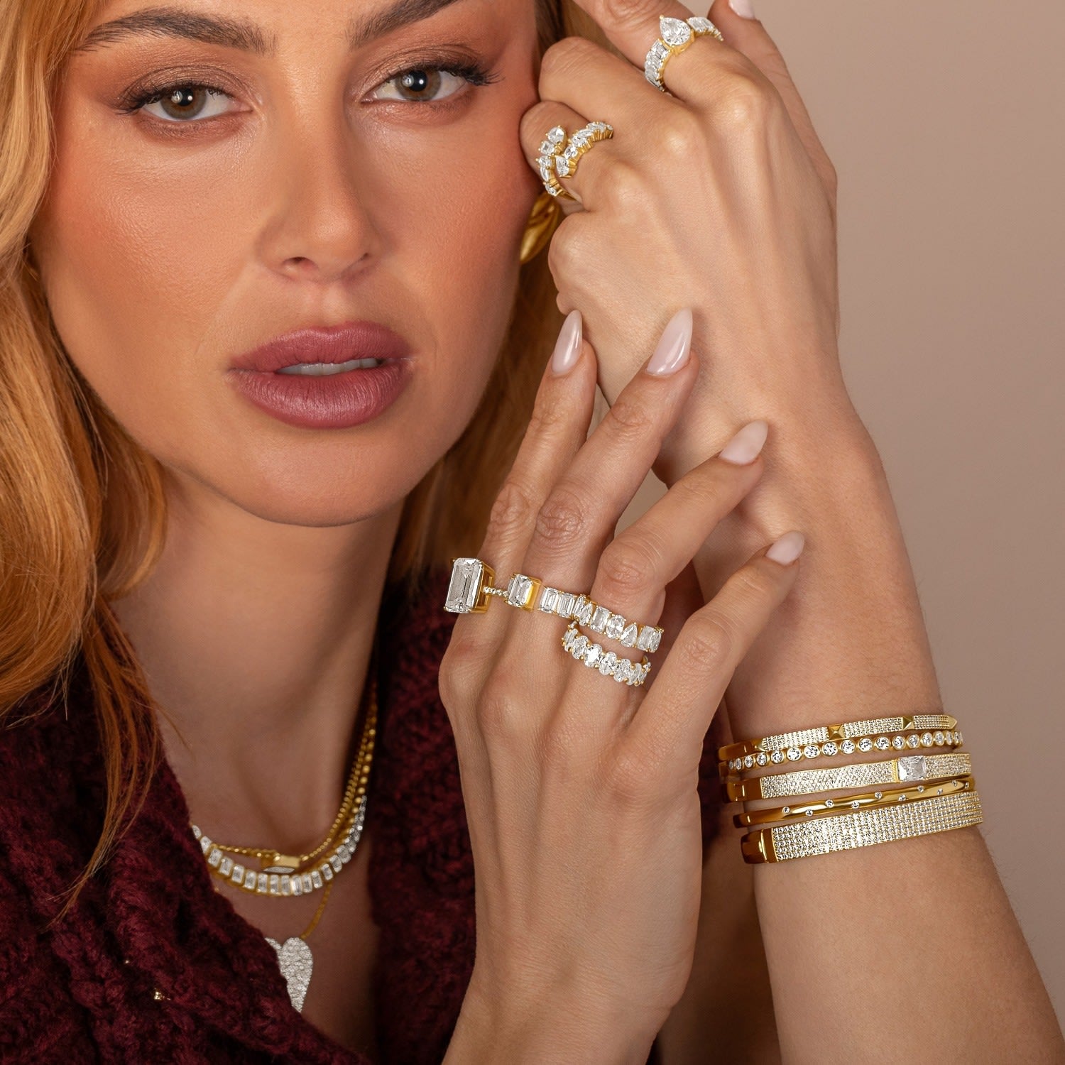 Pave Studded 3 Row Bangle - Gold