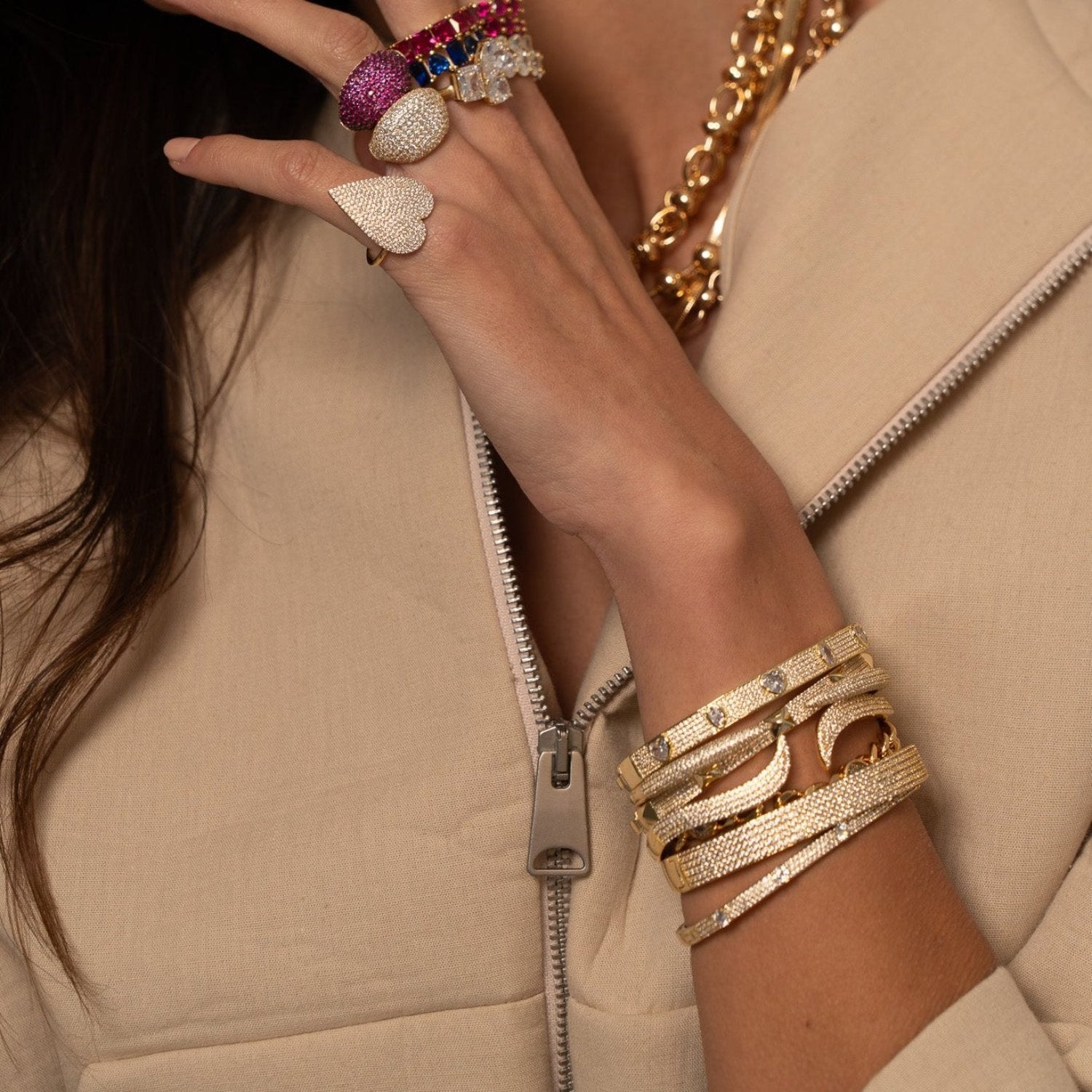 Pave Studded Five Row Bangle - Gold