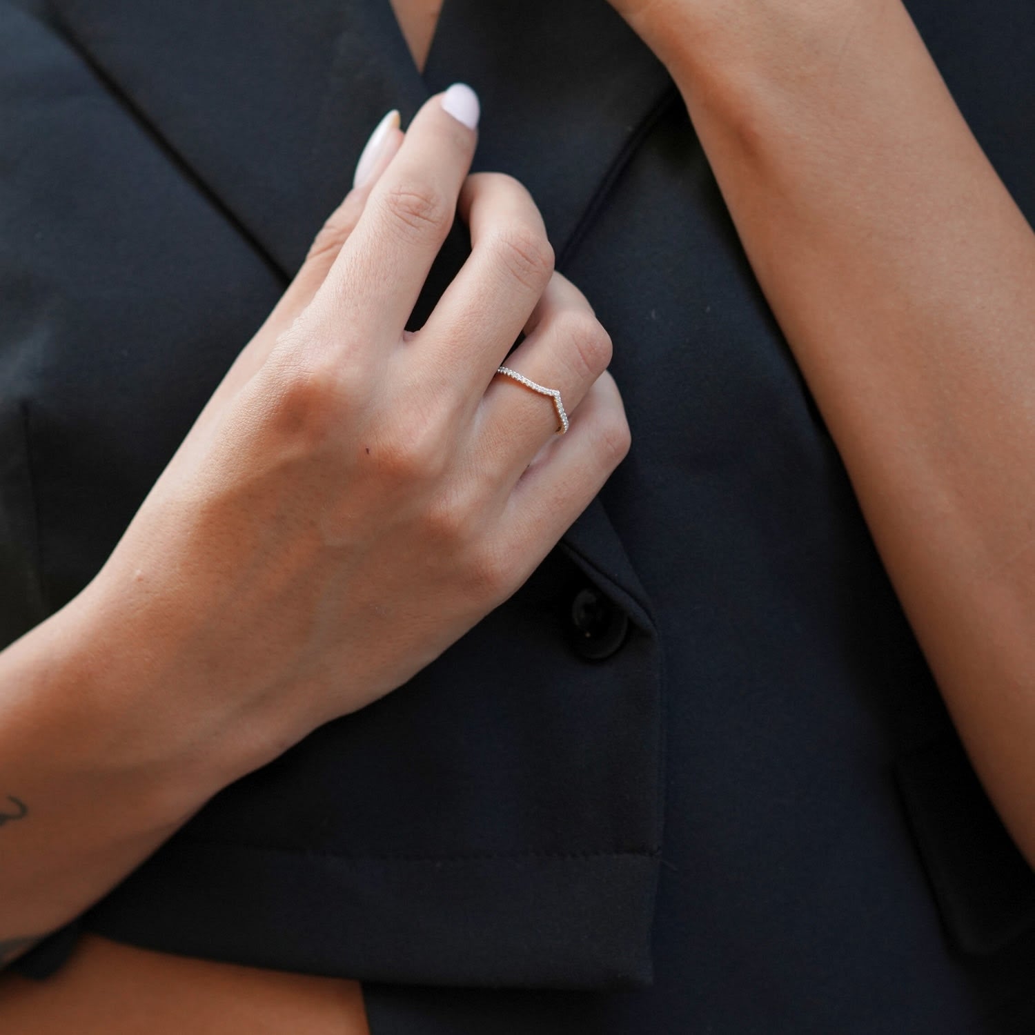 Pave Wishbone V Sterling Silver Ring - Gold