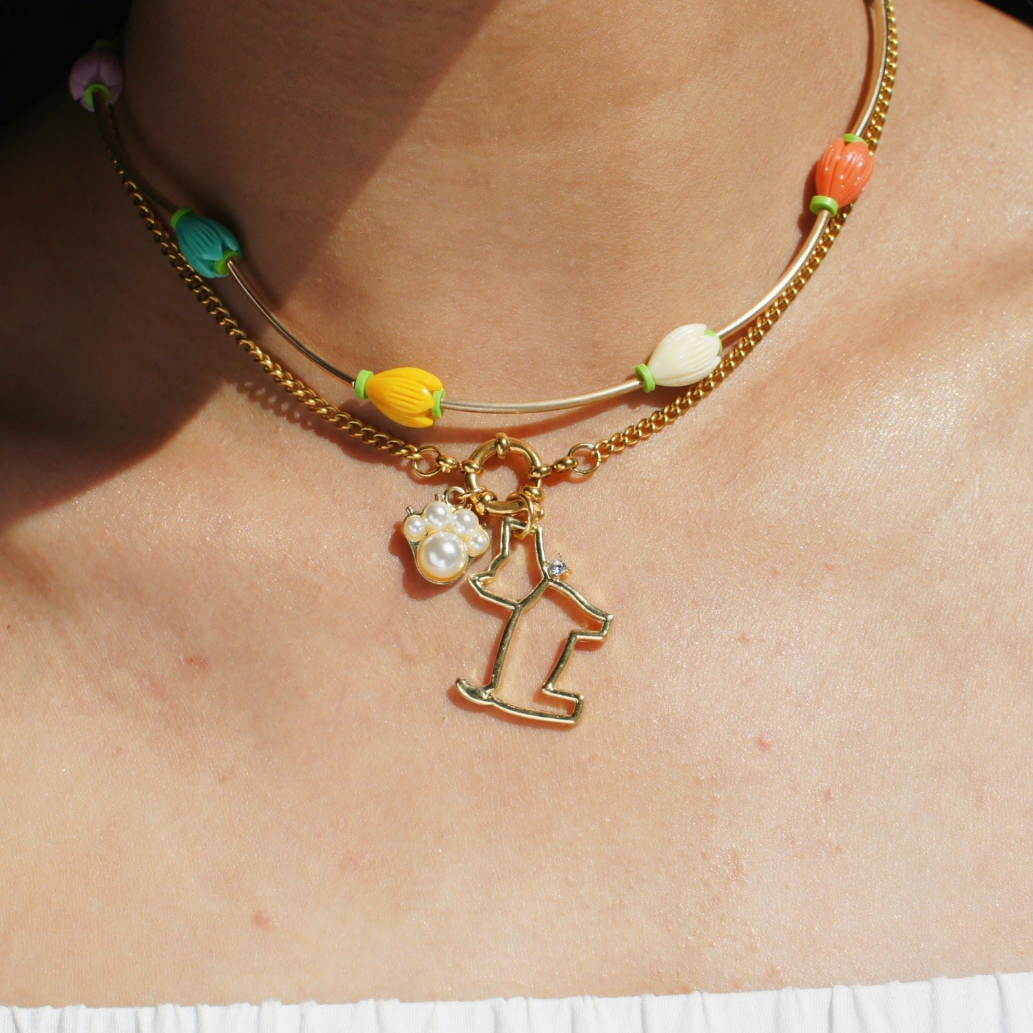 Pawsitive Charm Golden Chain Necklace With Pearl Paw And Golden Terrier Charms