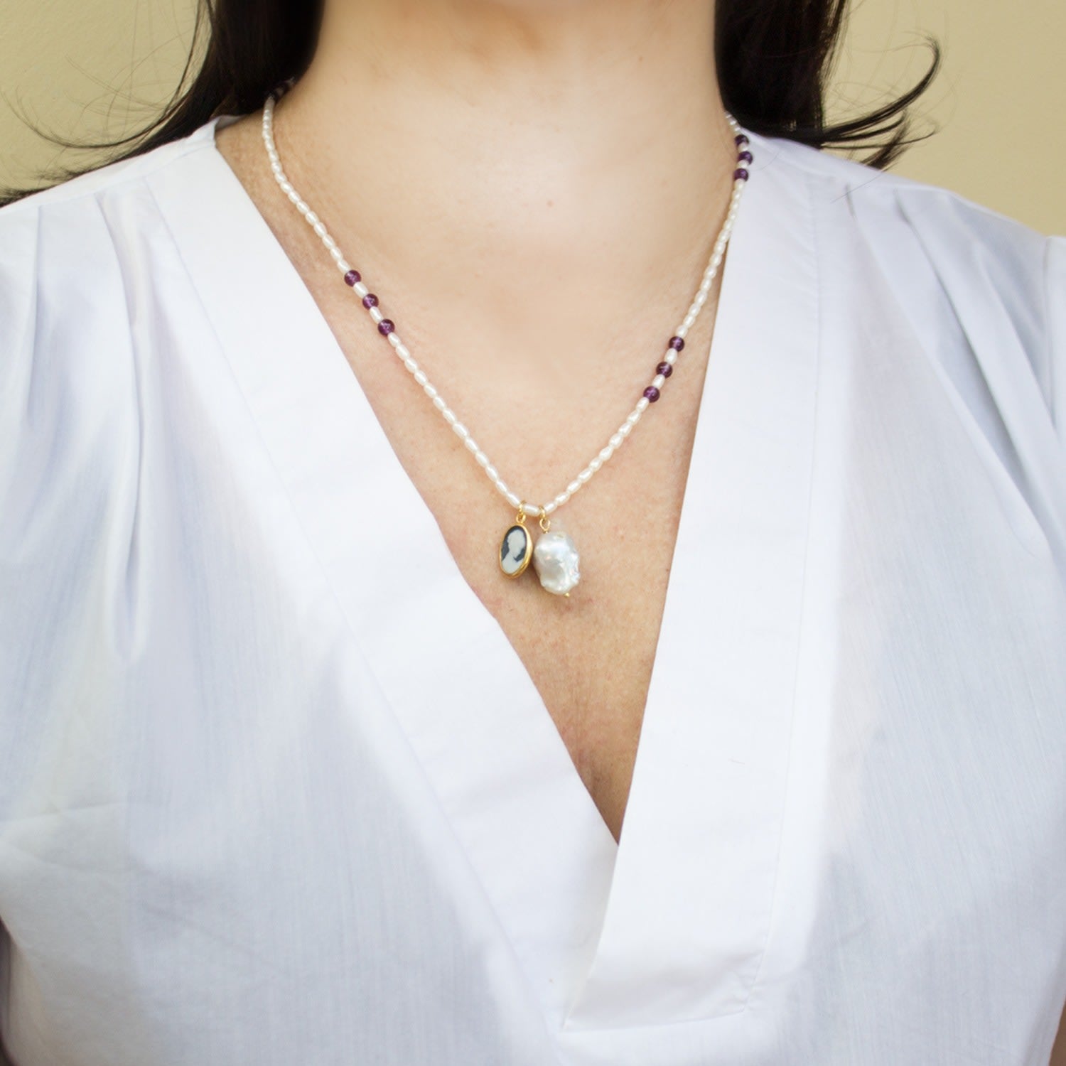 Pearl & Mini Cameo Charm Necklace