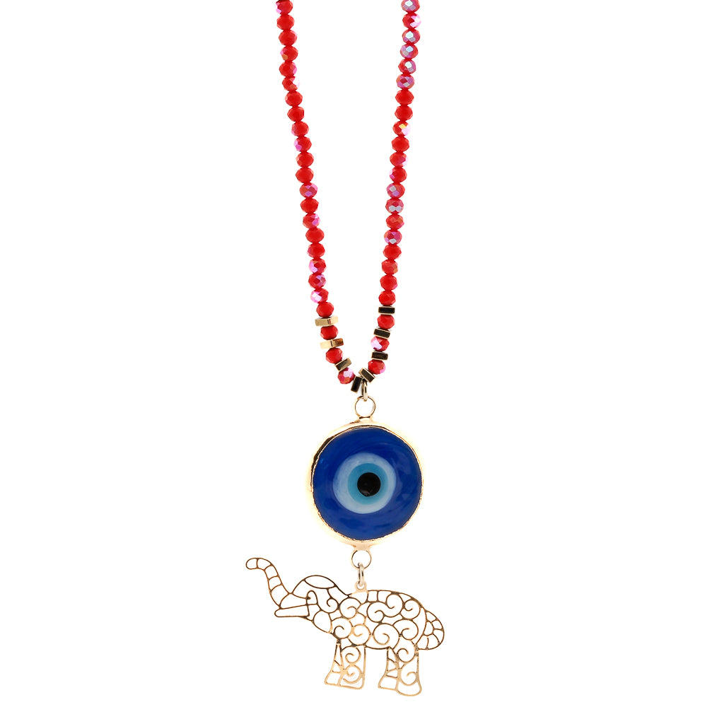 Summer Lucky Elephant And Evil Eye Necklace - Red