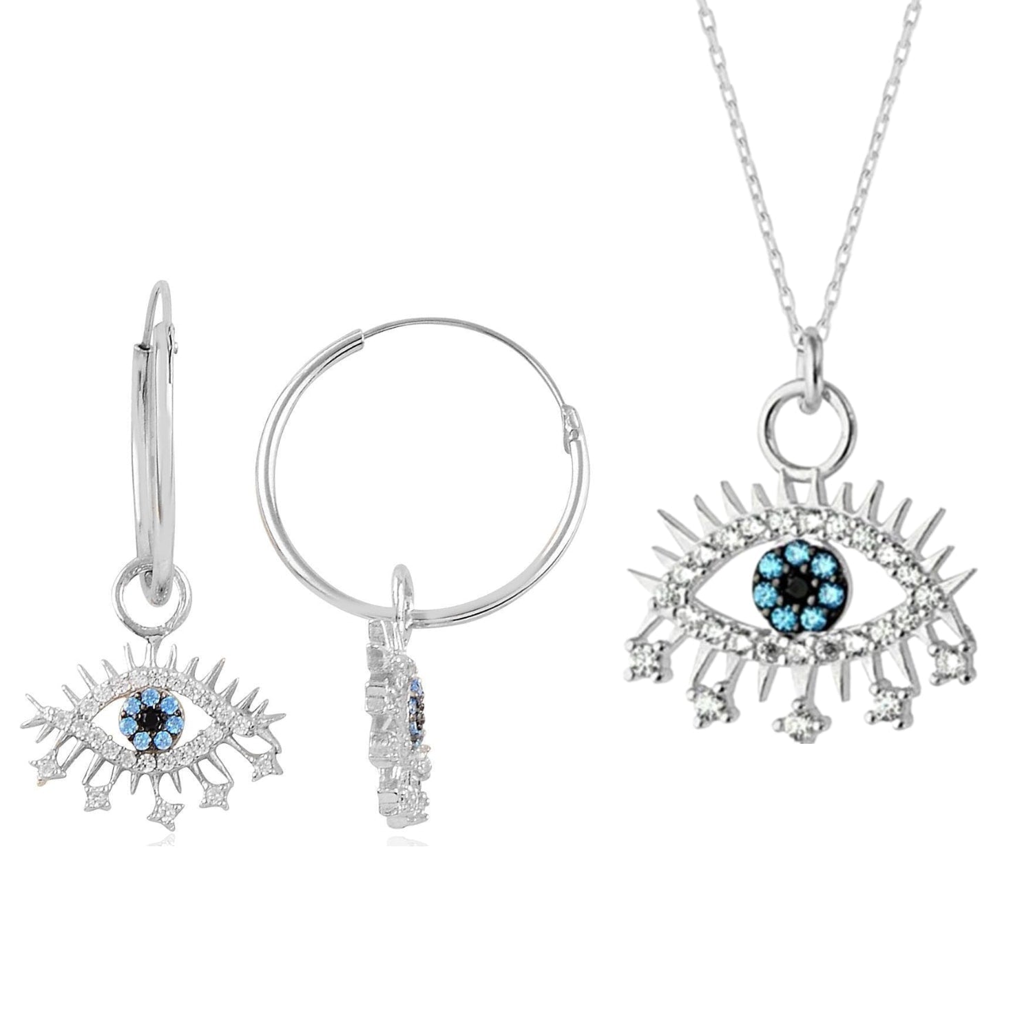 Evil Eye Earring Blue Eye Sterling Silver Pendant Eyelash Necklace & Earring Set - Silver