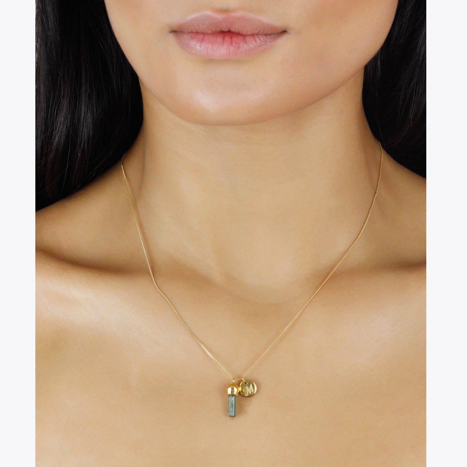 Green Tourmaline Pendant & Initial Necklace - Gold