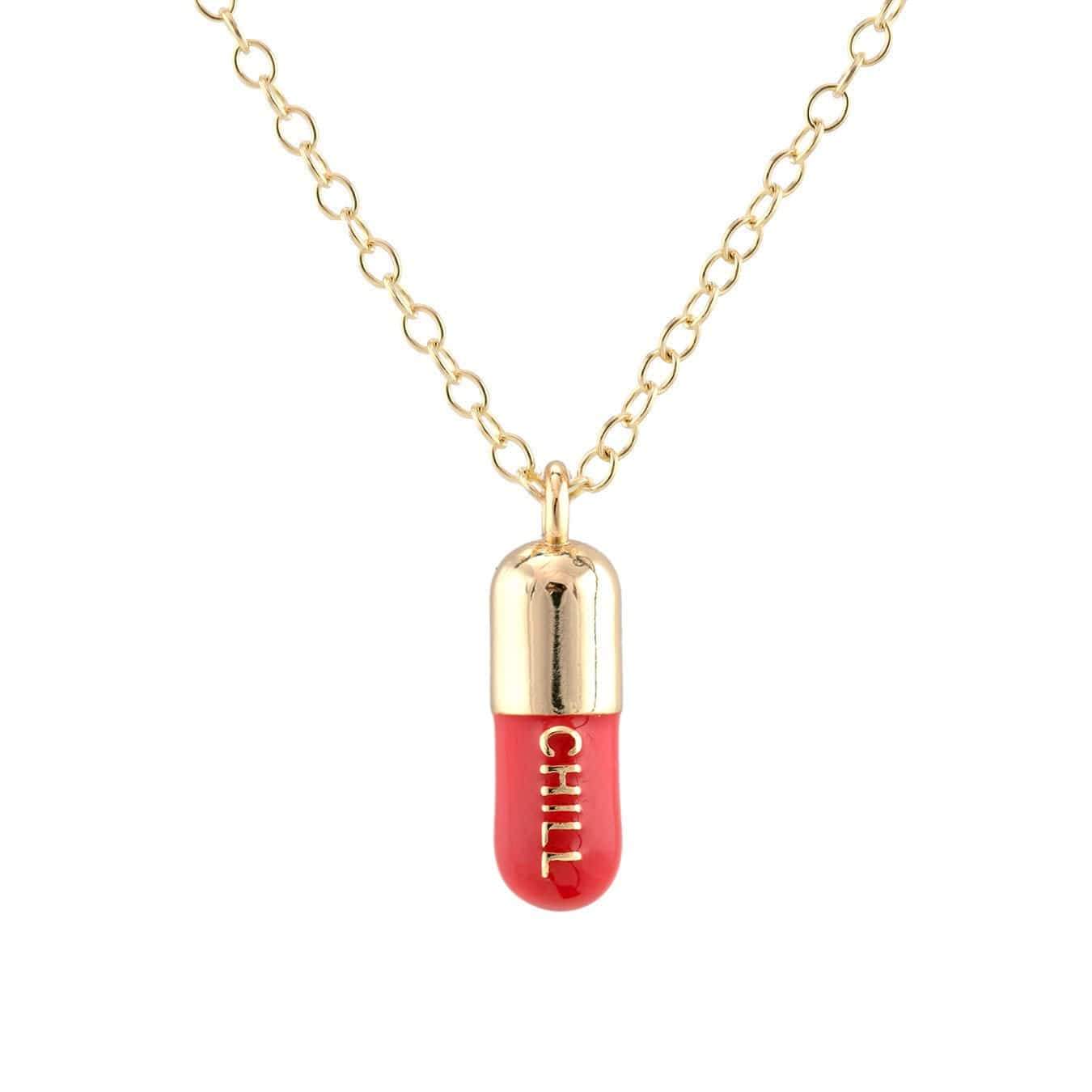 Chill Pill Enamel Necklace Gold Filled, Coral Red