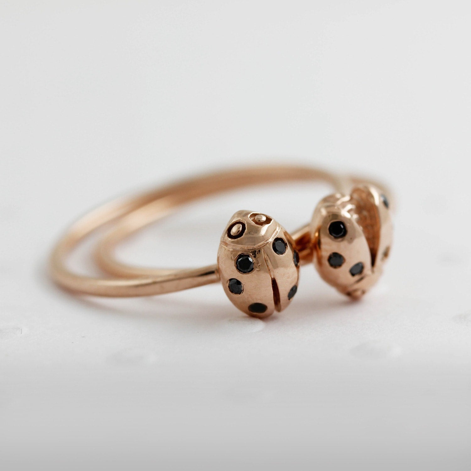 Ladybird Black Diamond Ring - Rose Gold - Wings Open