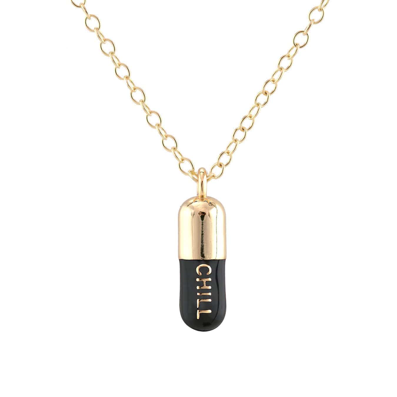Chill Pill Enamel Necklace Gold Filled, Black