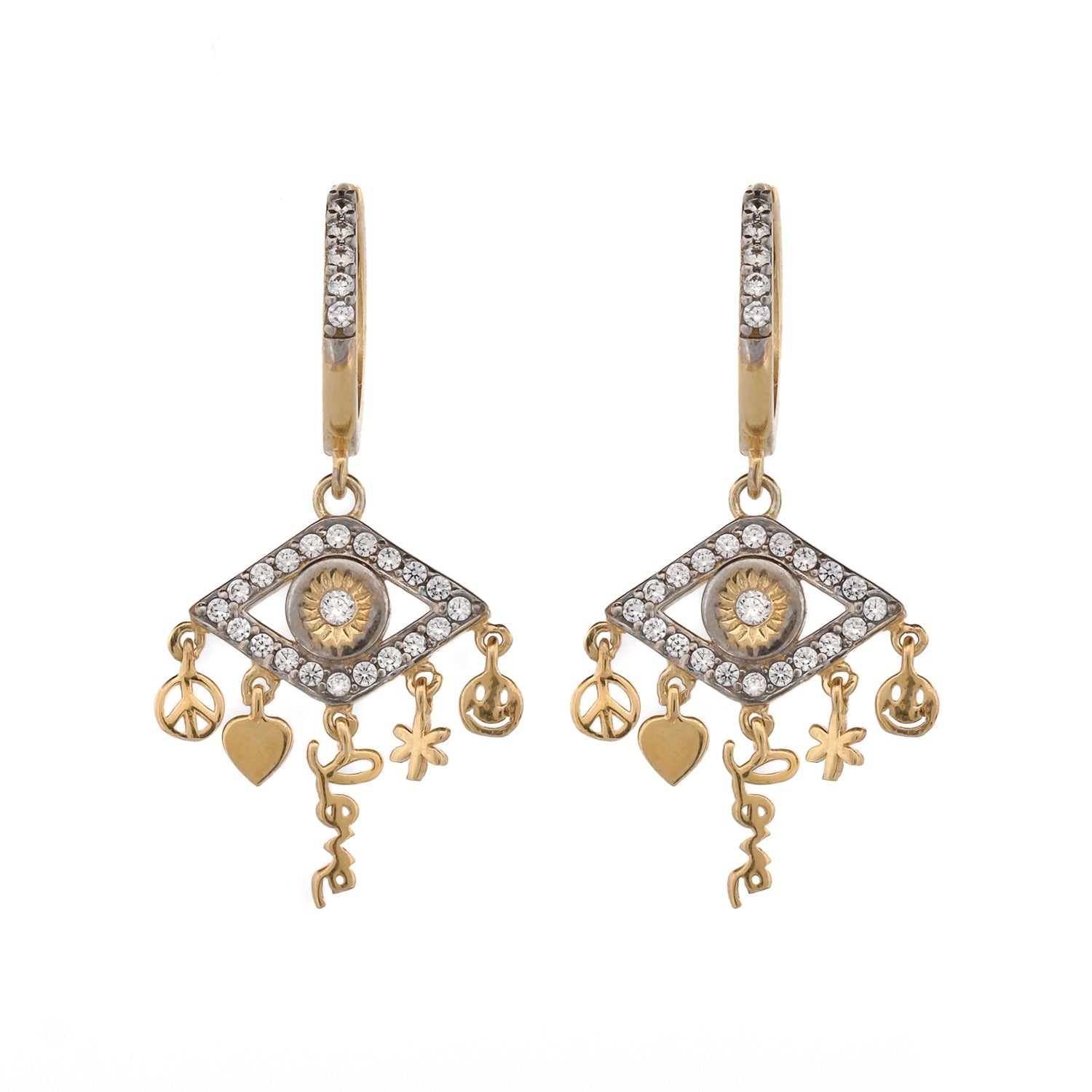 Peaceful Love Evil Eye Gold & Diamond Earrings - Gold