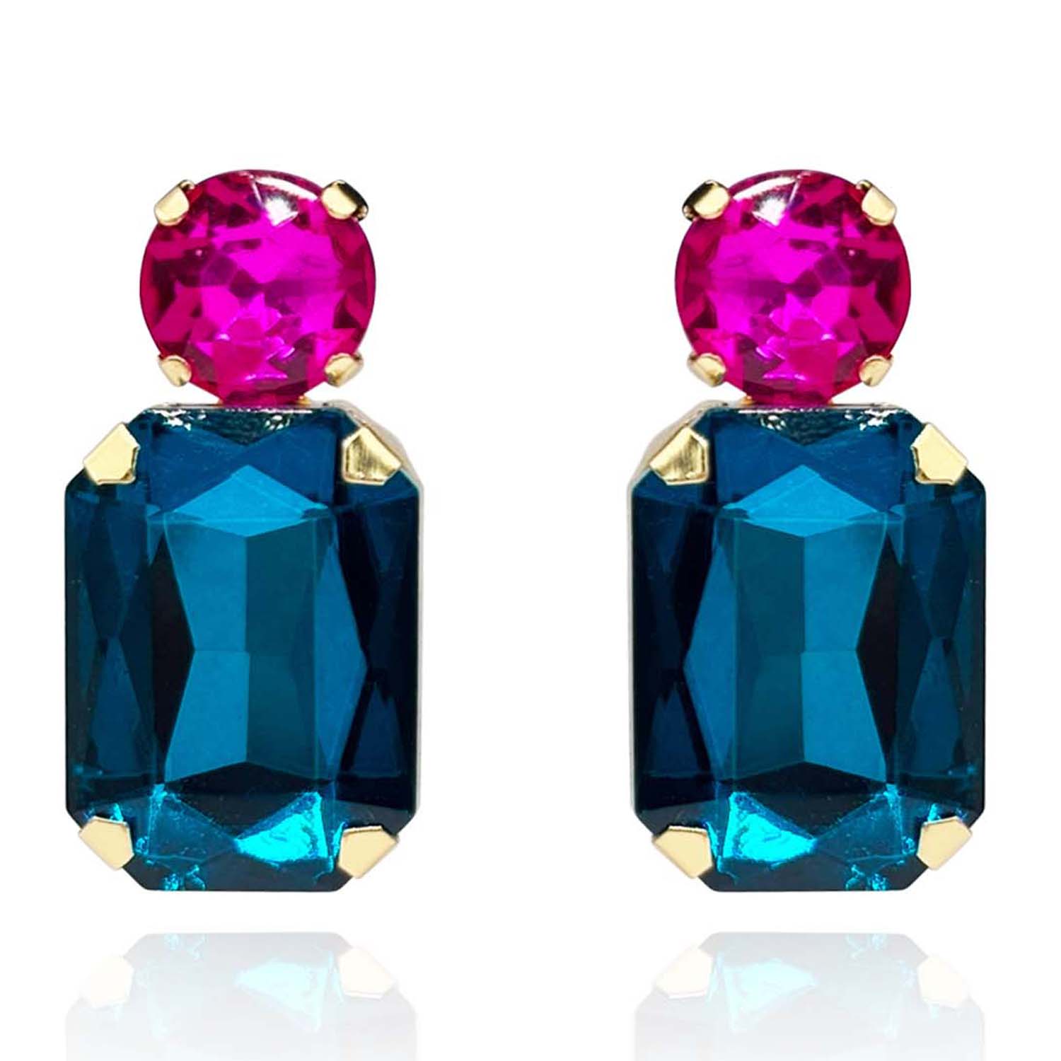 Peacock Blue Crystal Ocatgon And Fuschia Round Stone Drop Earrings