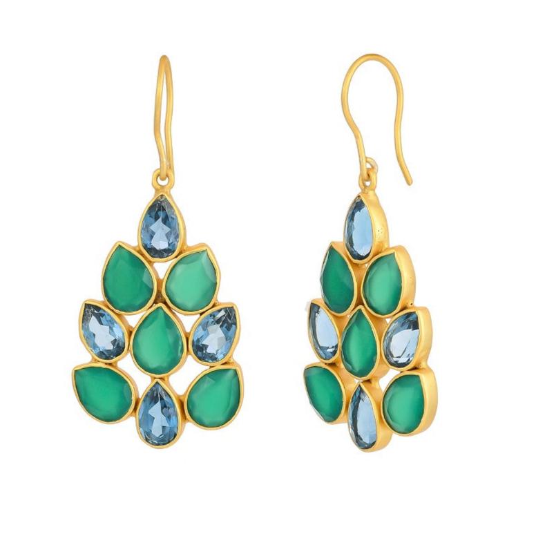 Peacock Tail Drops In Blue Topaz & Green Onyx