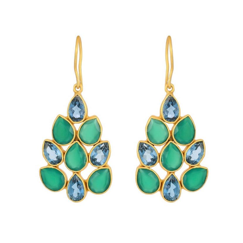 Peacock Tail Drops In Blue Topaz & Green Onyx