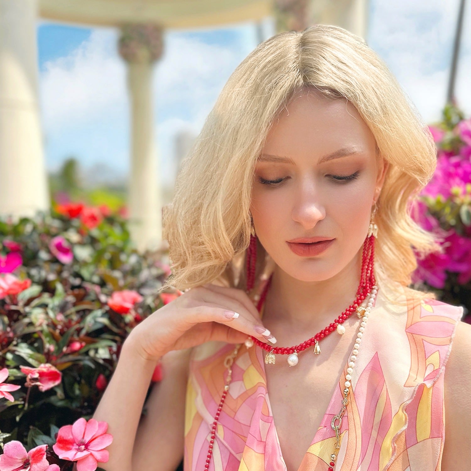 Peanut Shaped Red Coral Statement Necklace