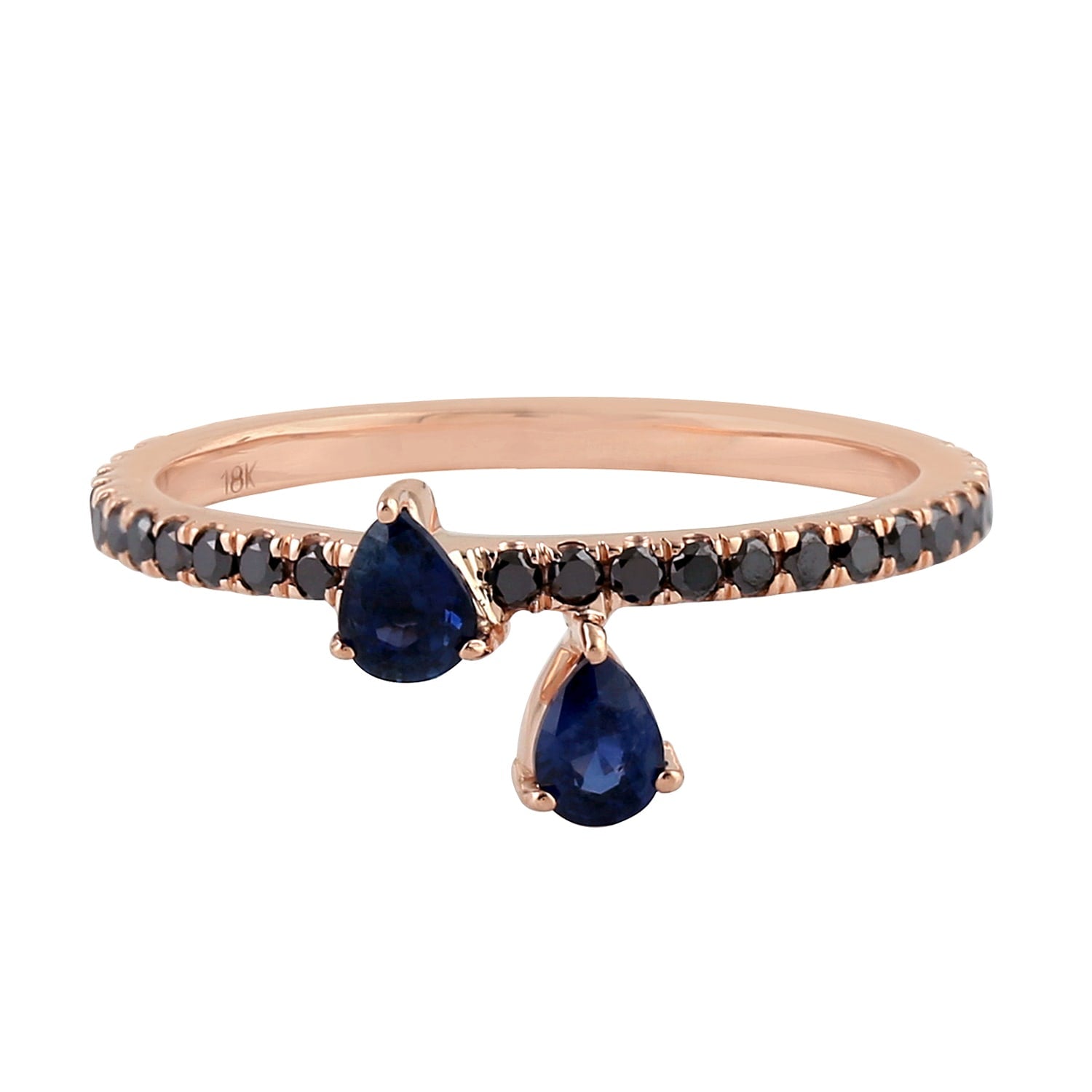 Pear Cut Blue Sapphire & Pave Black Diamond Band Ring In Rose Gold