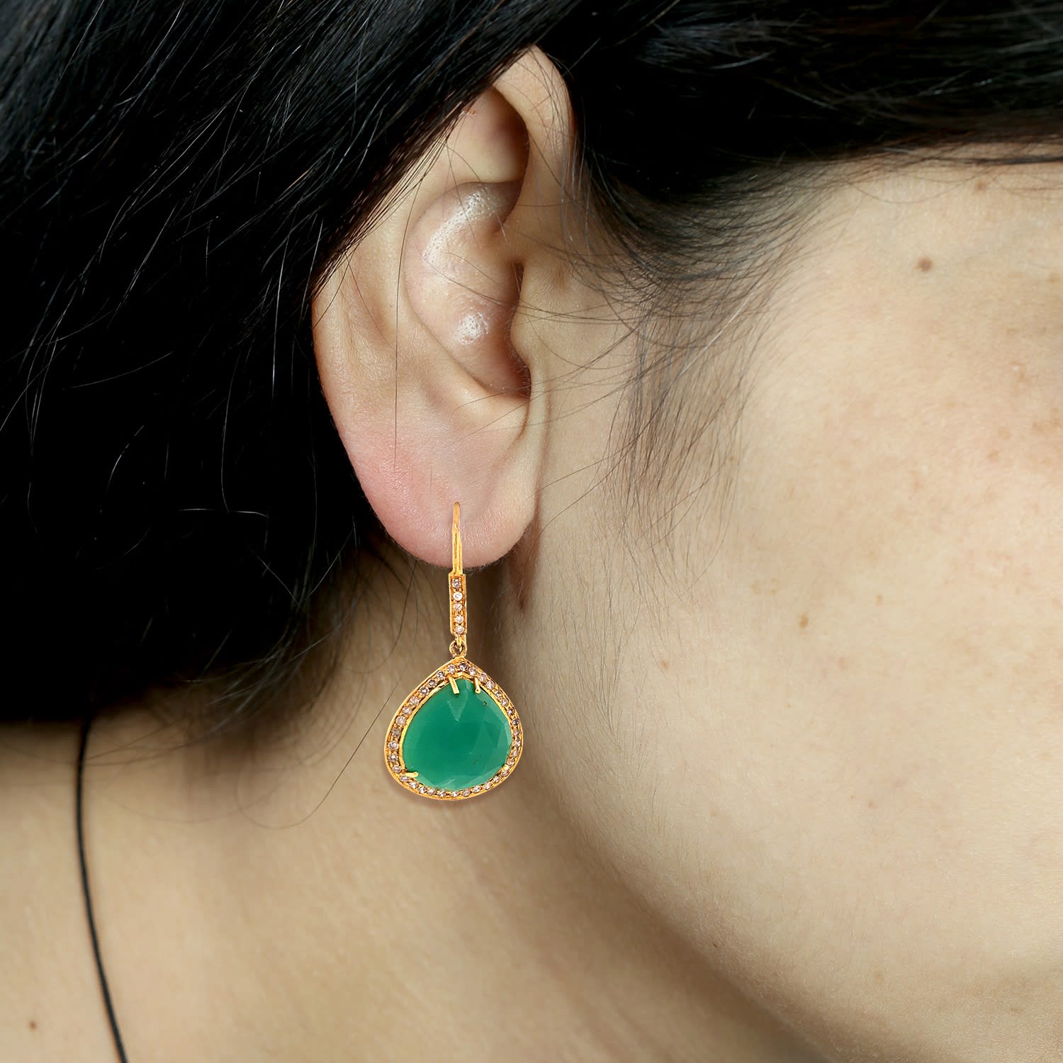 Pear Cut Chrysoprase & Diamond Ear Hook Earrings In Gold