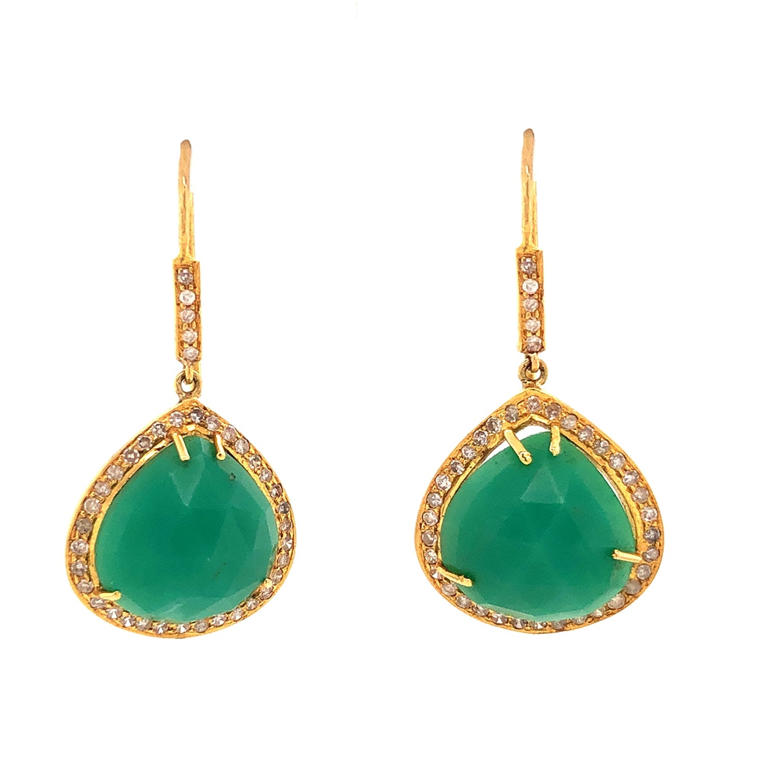 Pear Cut Chrysoprase & Diamond Ear Hook Earrings In Gold