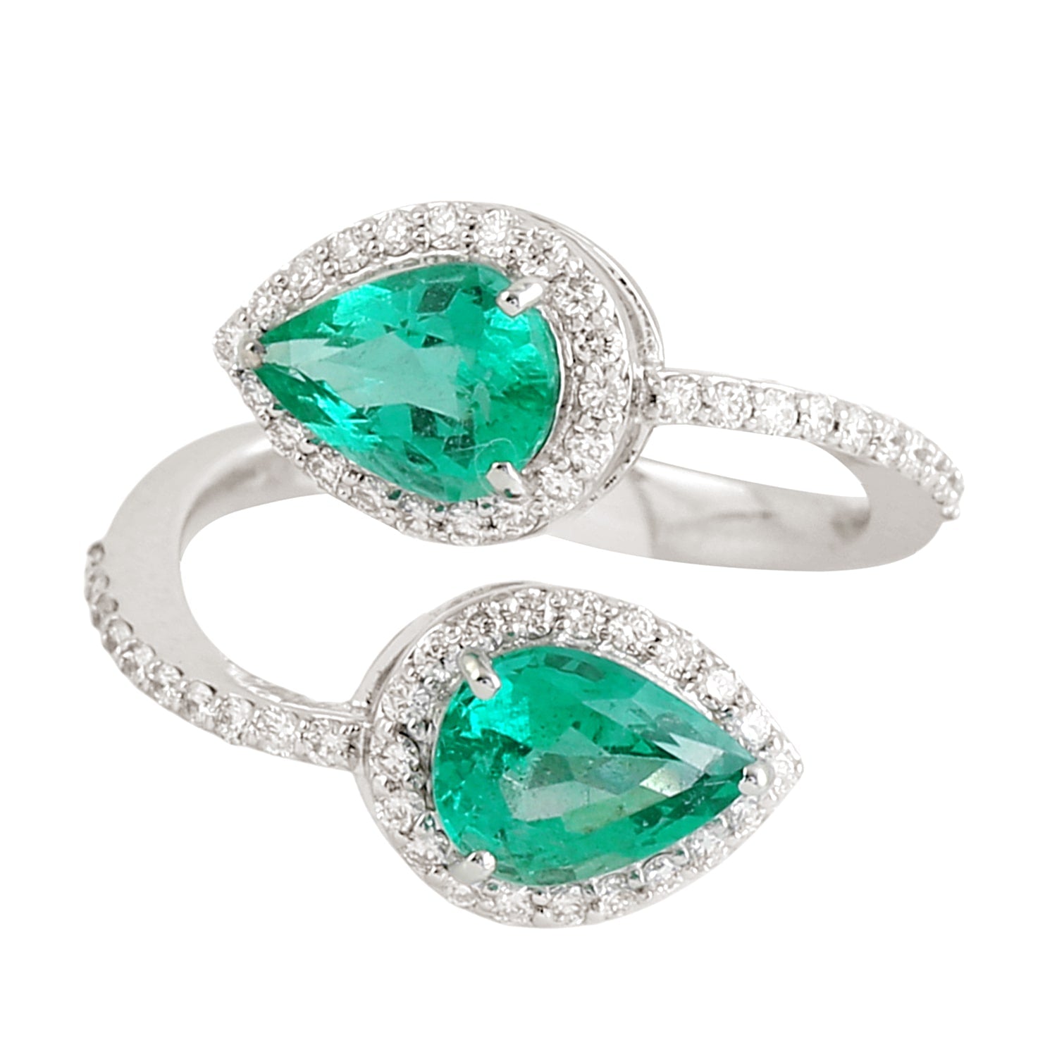 Pear Cut Emerald Gemstone Pave Diamond Bypass Ring In White Gold