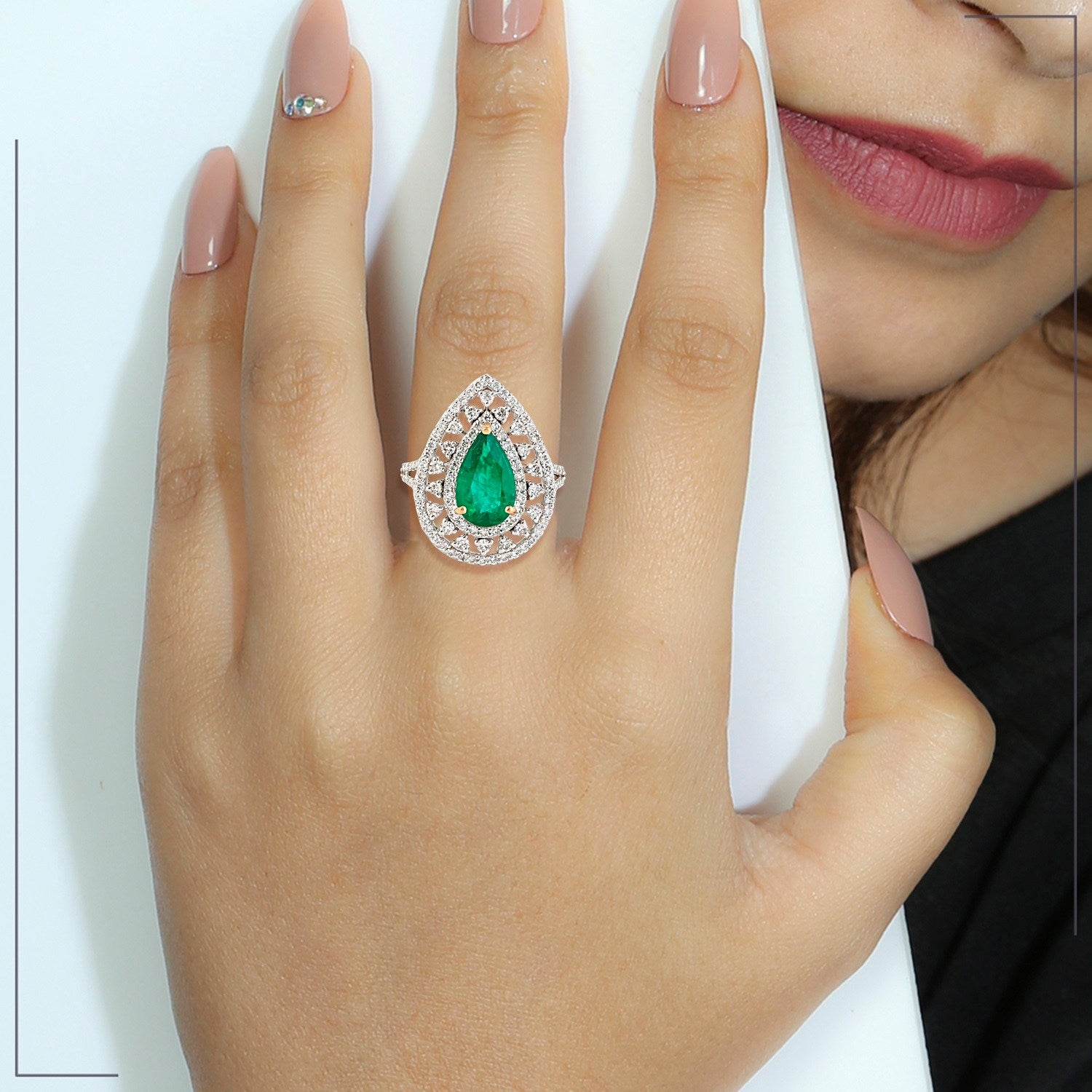 Pear Cut Emerald Gemstone Pave Diamond Cocktail Ring In 18K White Gold