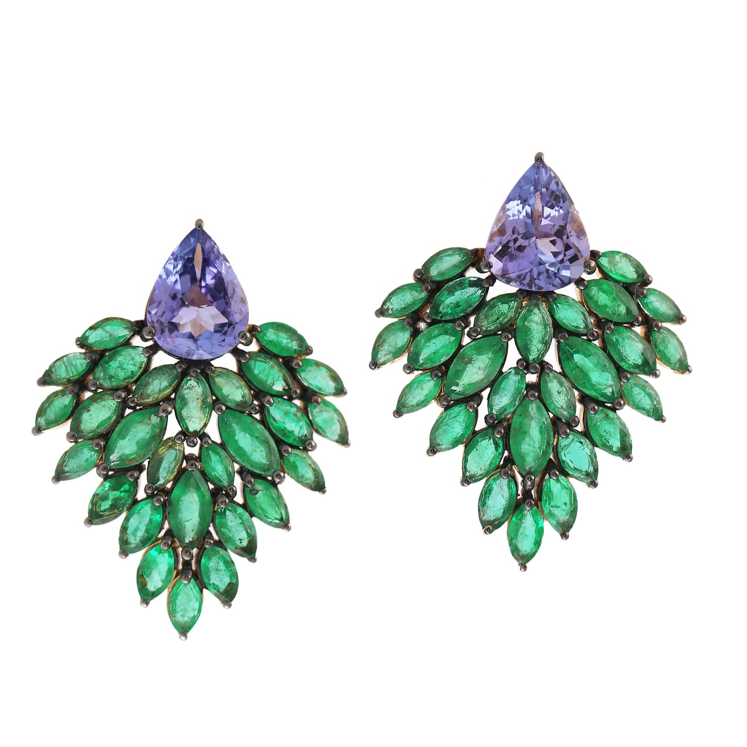 Pear Cut Emerald & Tanzanite Gemstone Feather Stud Earrings In Gold
