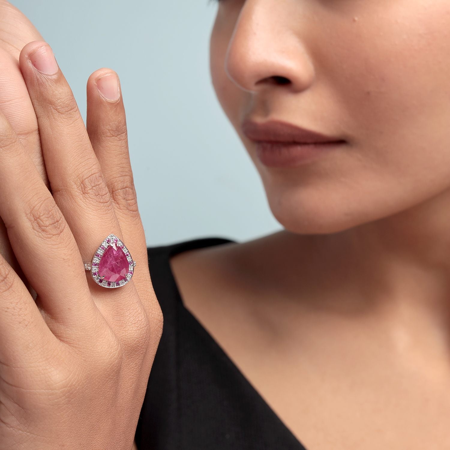 Natural Pear Cut Ruby & Diamond Cocktail Ring In White Gold