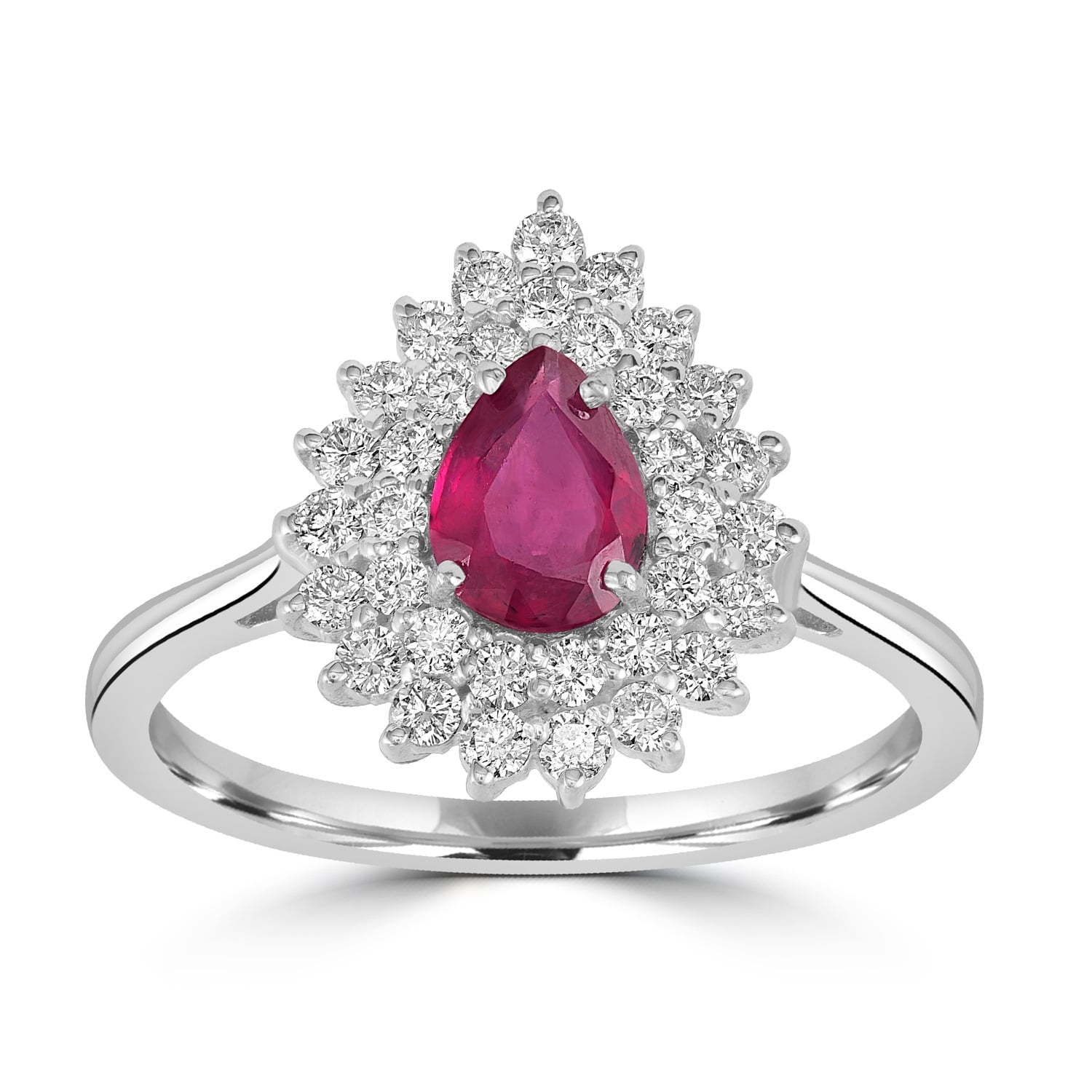 Pear Cut Ruby Double Halo Diamond Ring In 18K White Gold