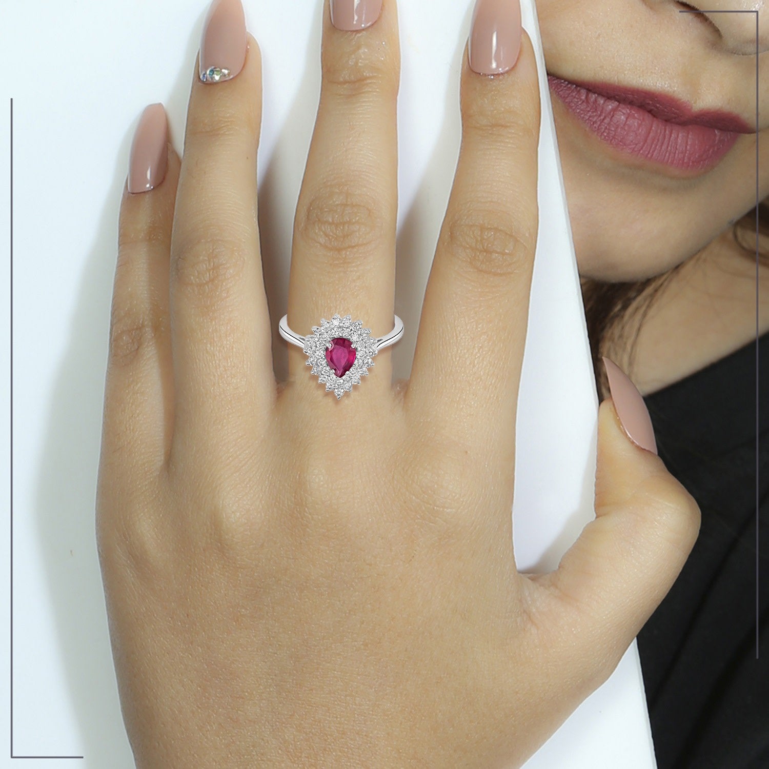 Pear Cut Ruby Double Halo Diamond Ring In 18K White Gold