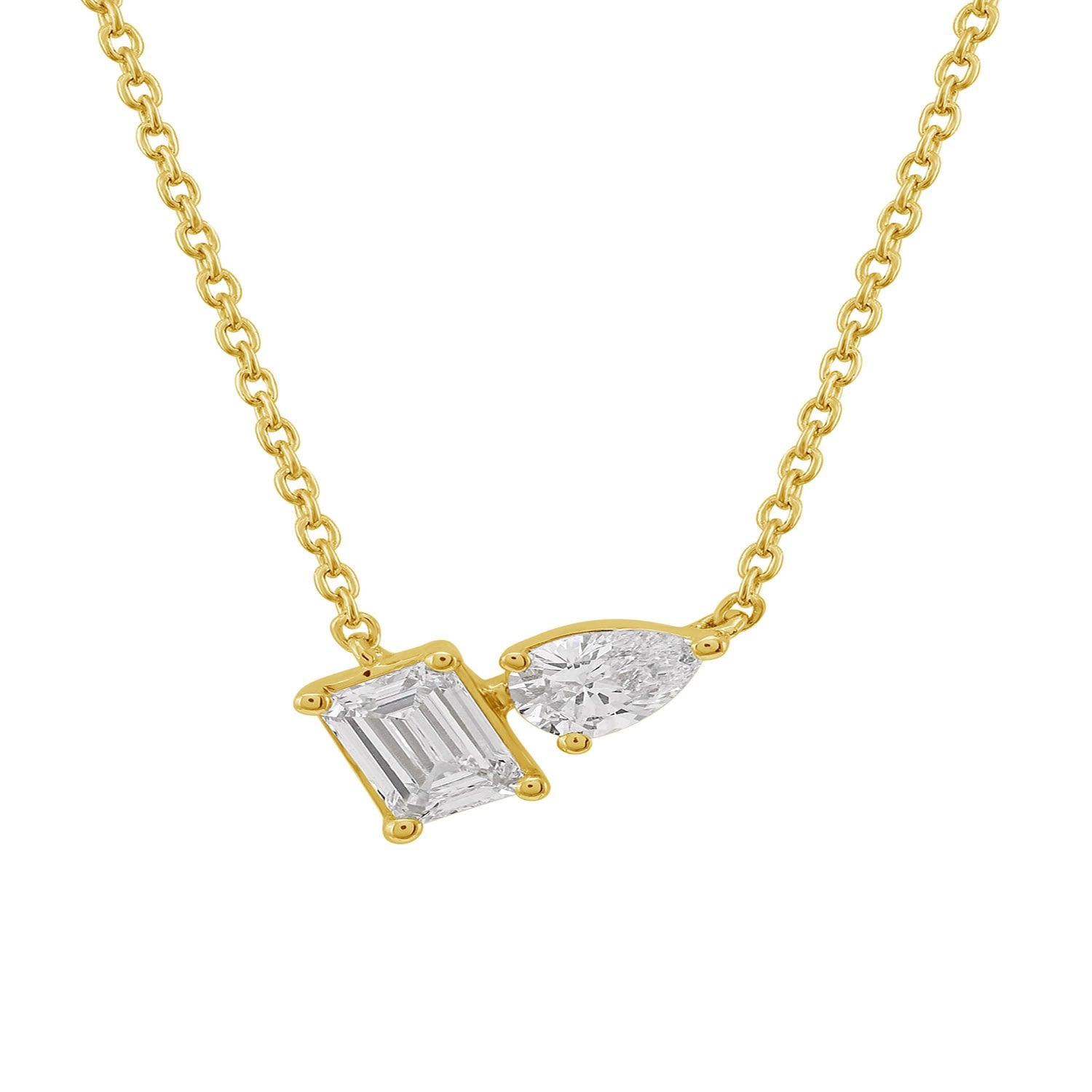 Pear & Emerald Cut Diamond Two-Stone Necklace In 14K Gold – Fine Chain Jewelry