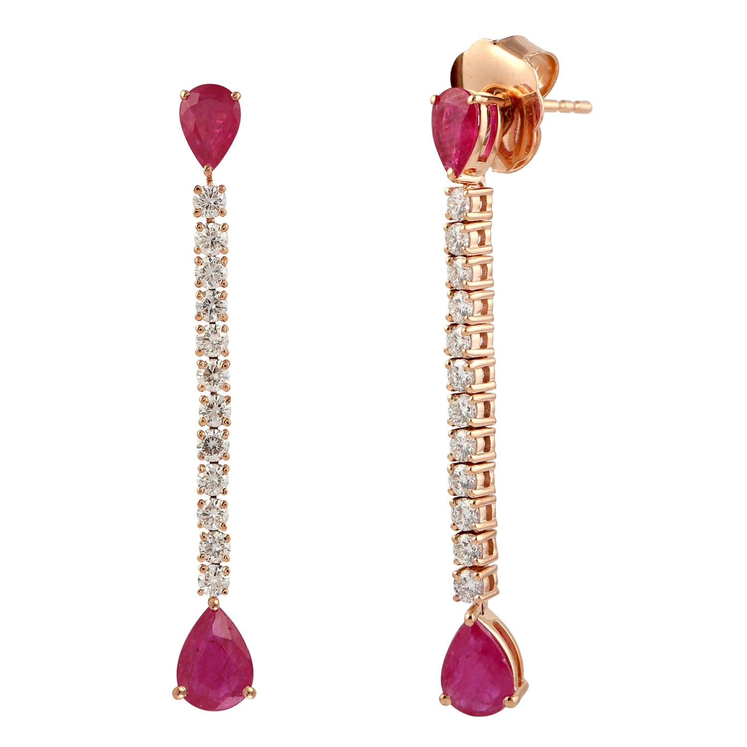 Pear Ruby Gemstone Pave Diamond Dangle Earrings In Rose Gold