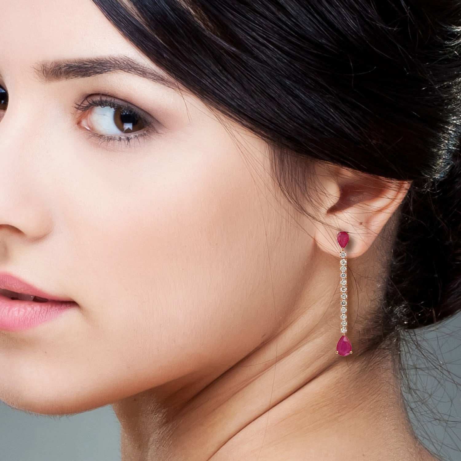 Pear Ruby Gemstone Pave Diamond Dangle Earrings In Rose Gold