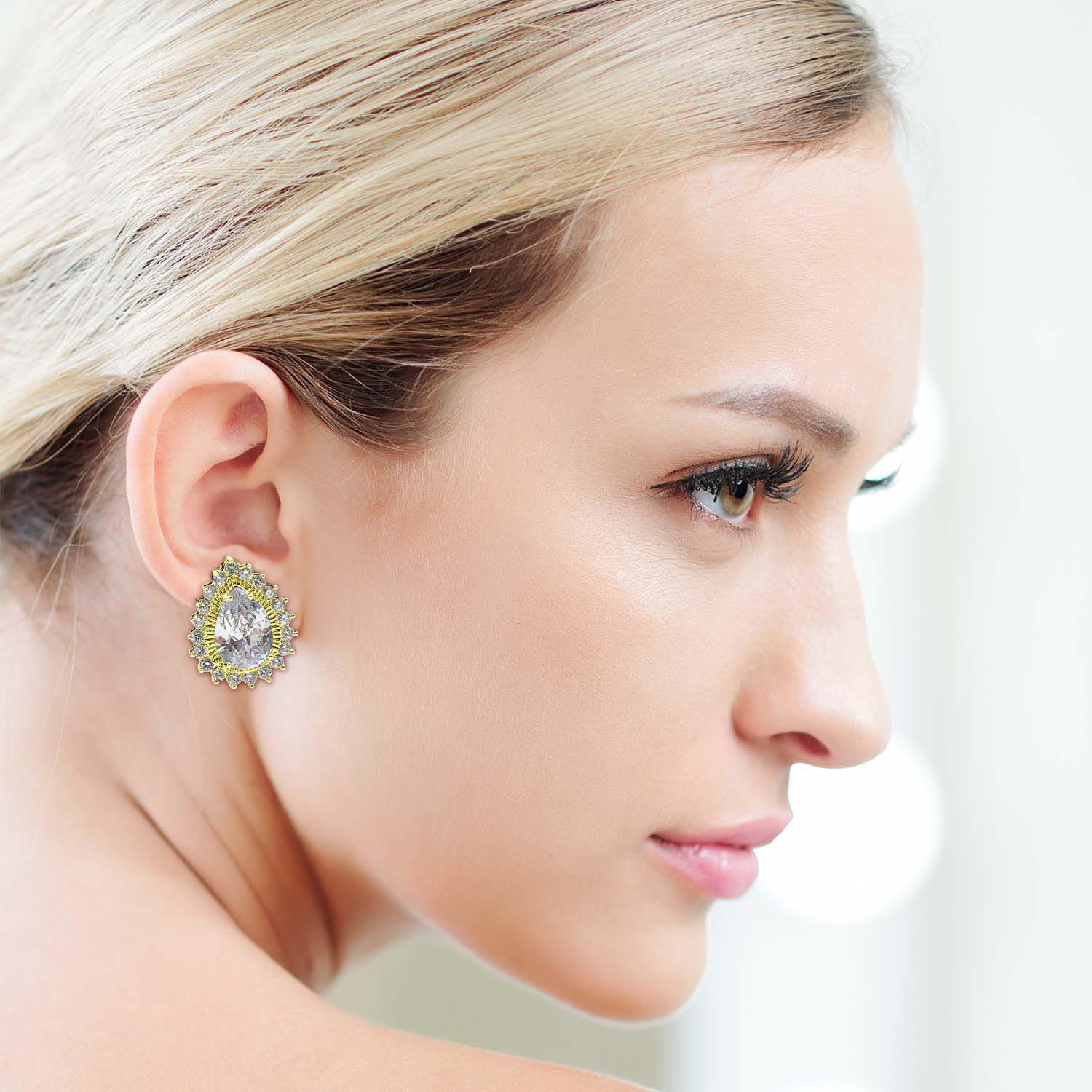 Pear Shape Gold Plated Cubic Zirconium Clip On Earrings