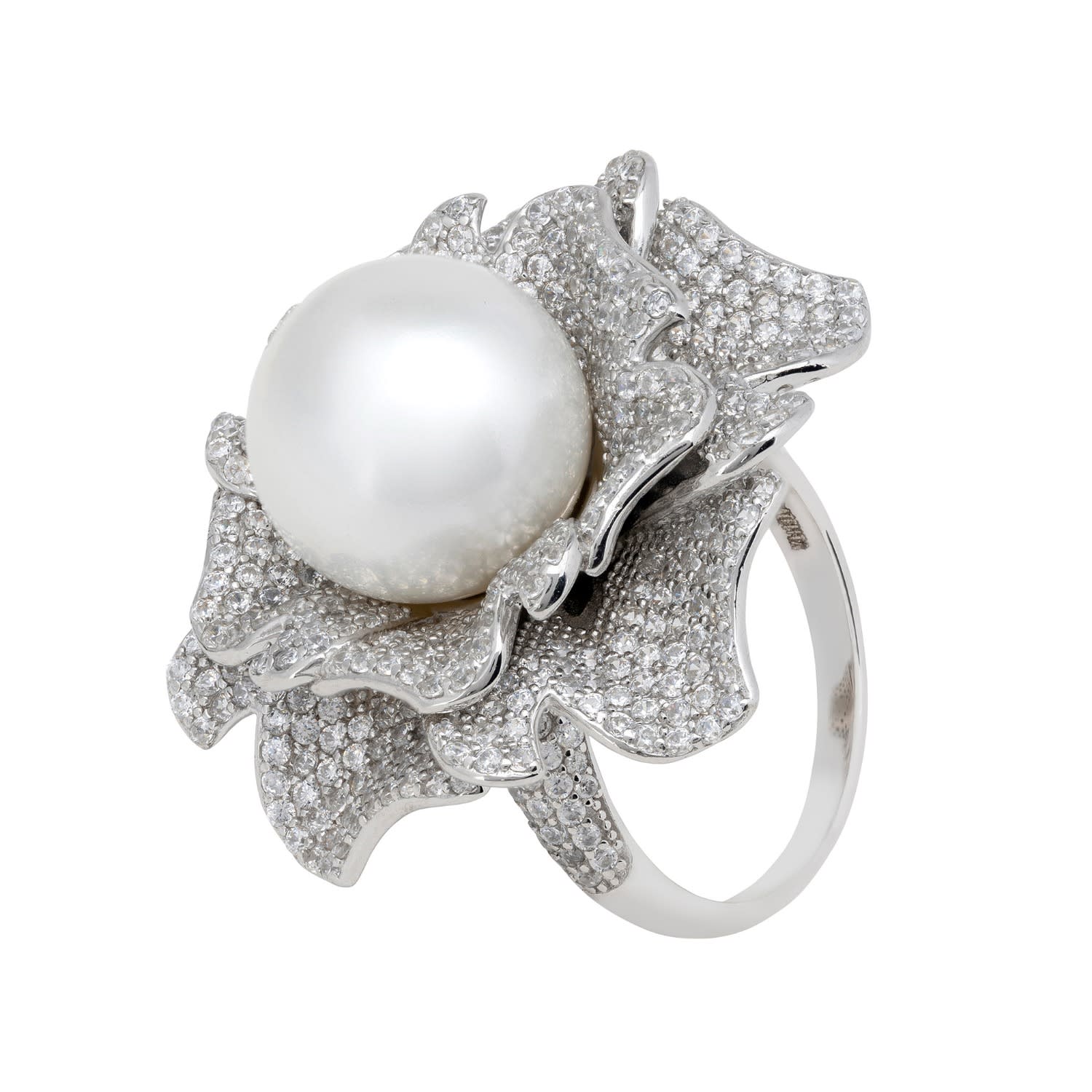 Pearl And Rose Petals Cocktail Ring Silver