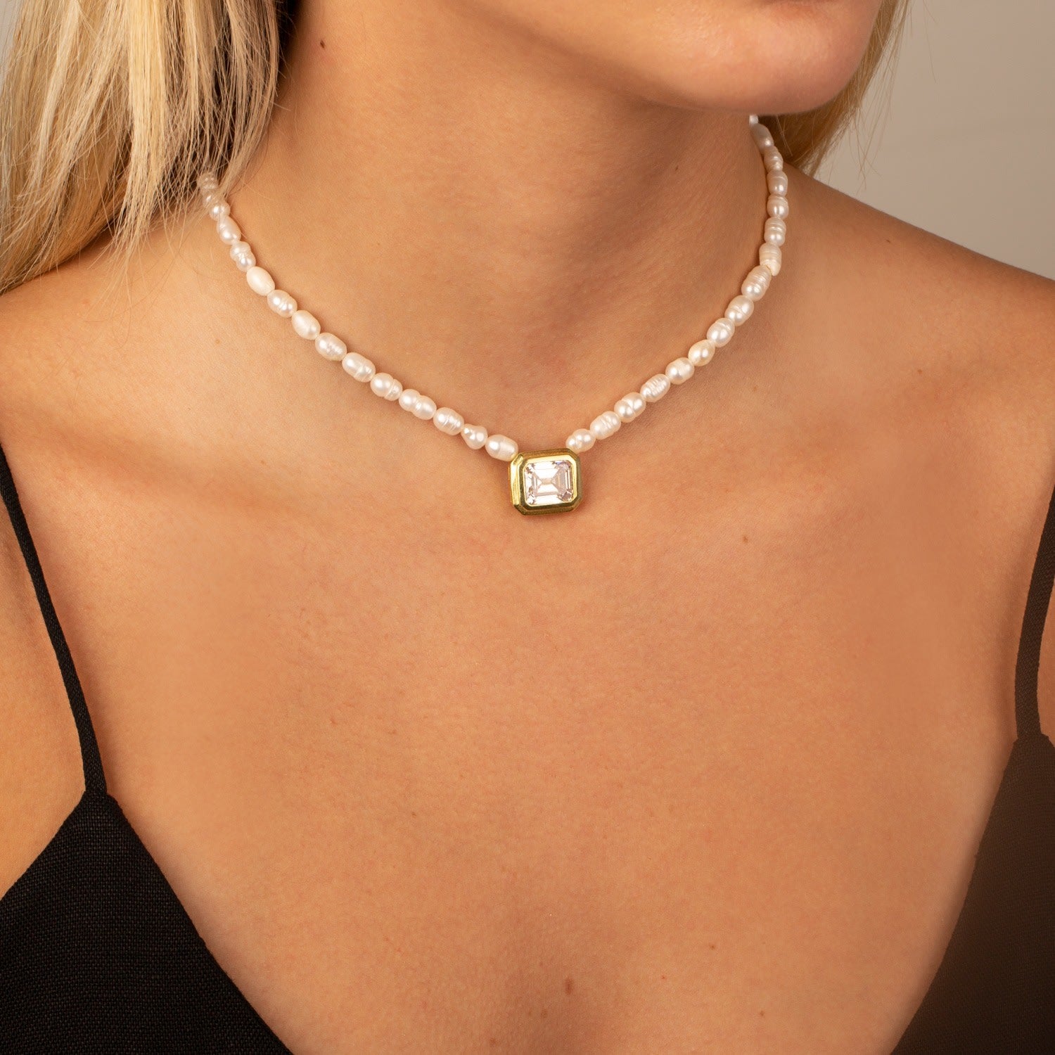 Pearl Beaded Square Emerald Cut Necklace