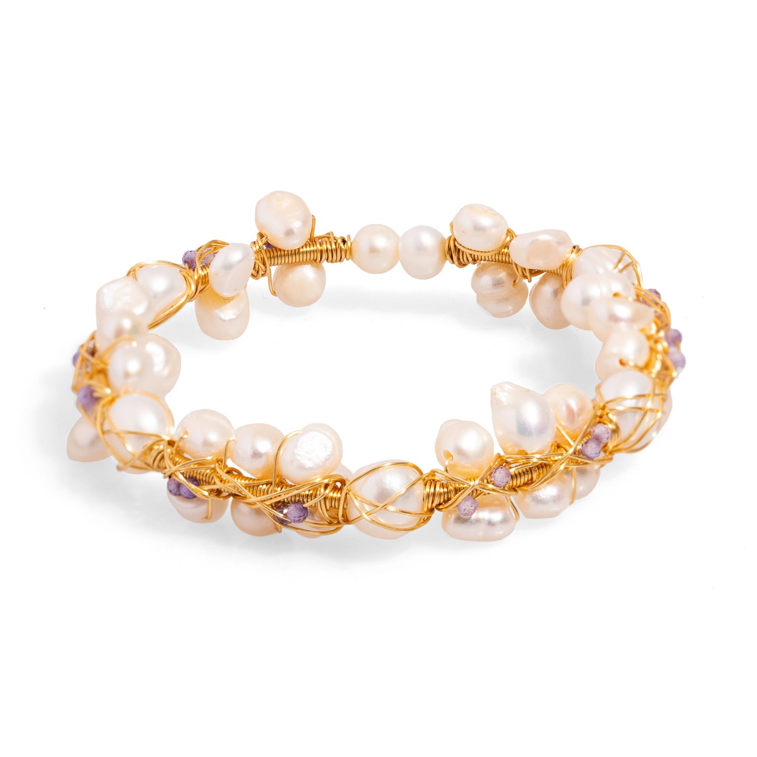Pearl Beads & Gold Elegant Wedding Cuff Bracelet - White