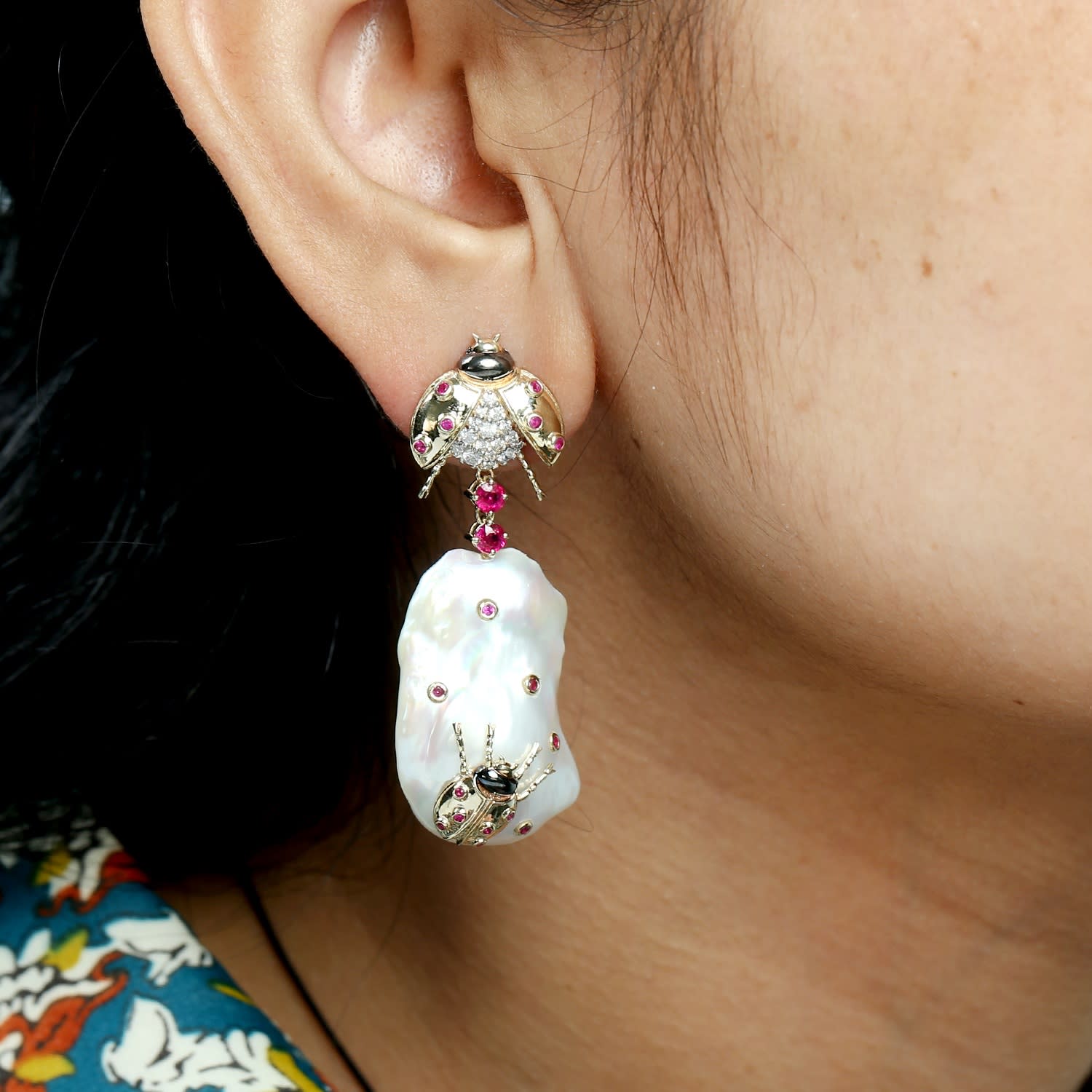 Pearl Chinese & Ruby Gemstone Pave Diamond Insect Dangle Earrings In Gold