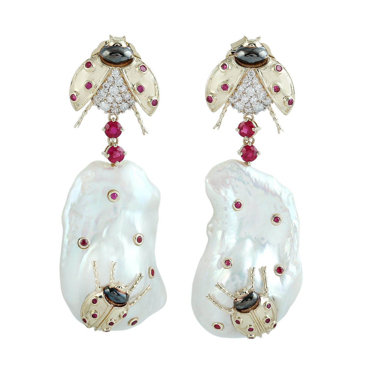 Pearl Chinese & Ruby Gemstone Pave Diamond Insect Dangle Earrings In Gold