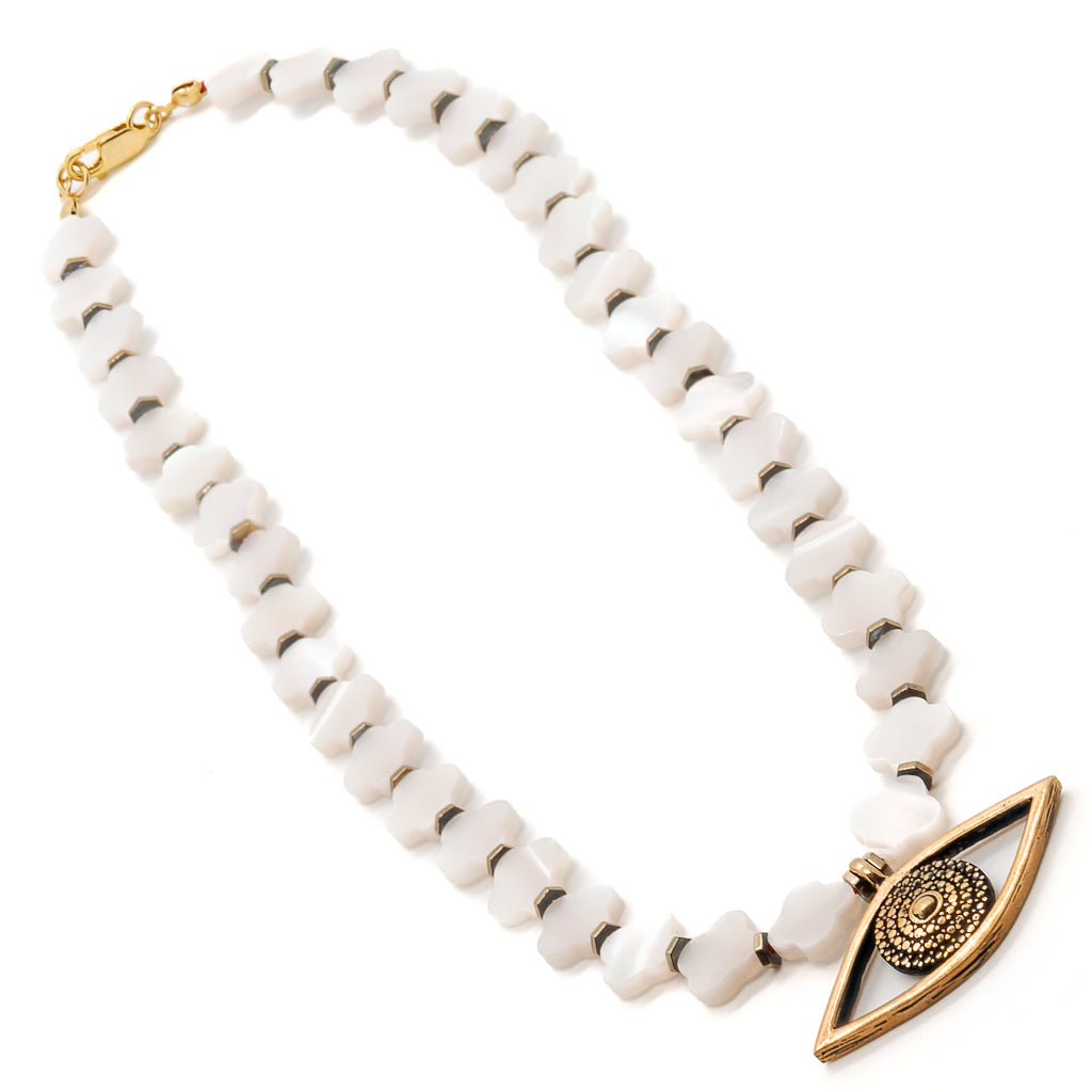 Evil Eye Pendant Pearl Clover Beaded Protection Necklace - White