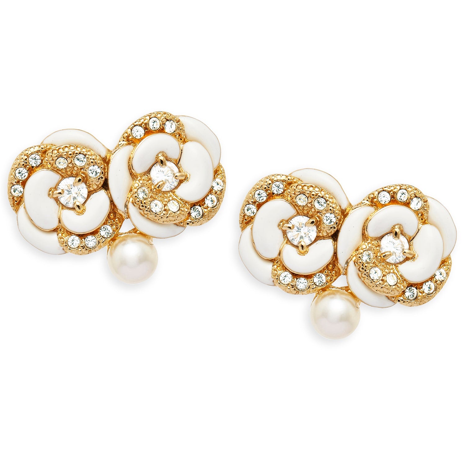 Pearl & Crystal Gold Flower Earrings, Series Blanc Camelia
