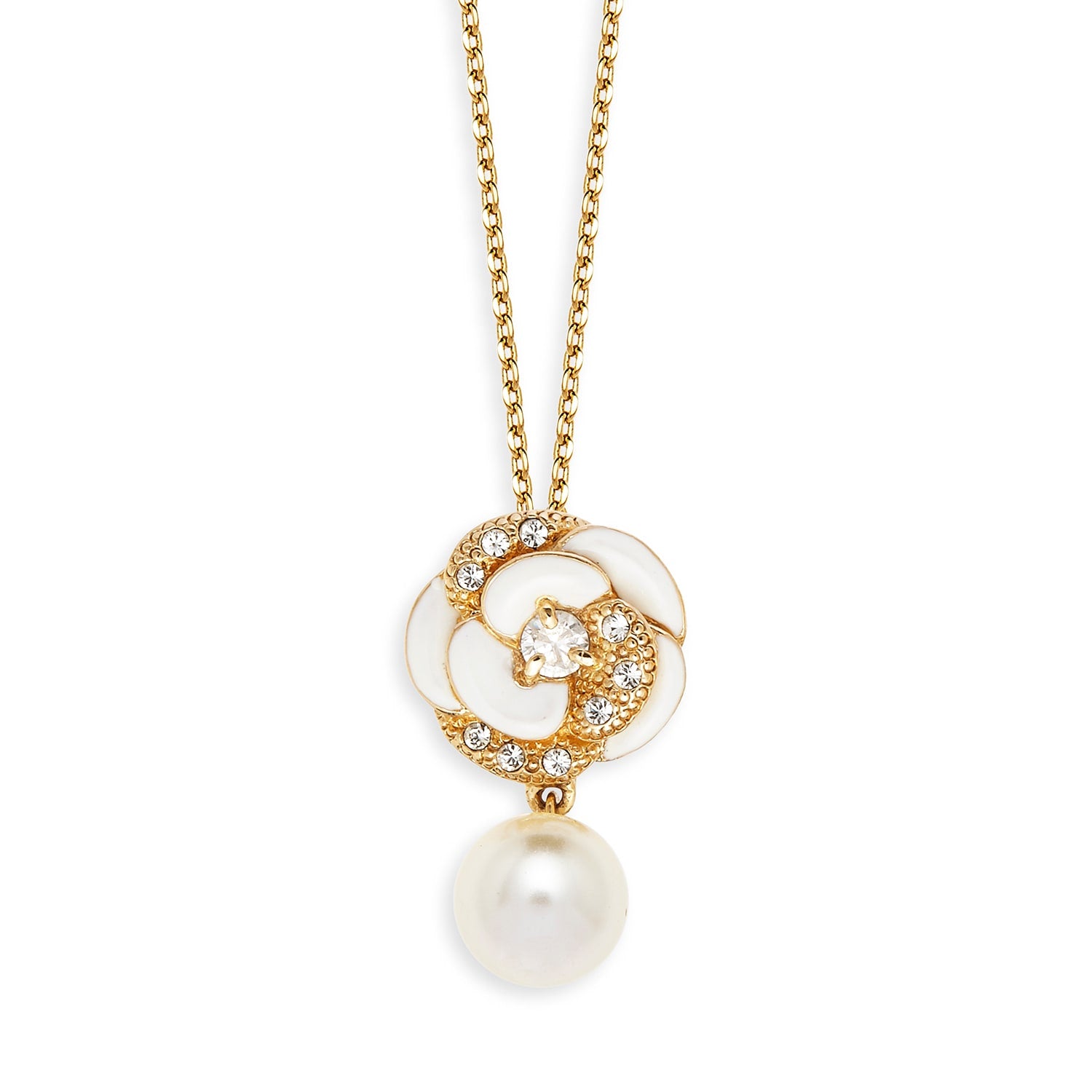 Pearl & Crystal Gold Flower Necklace , Series Blanc Camelia