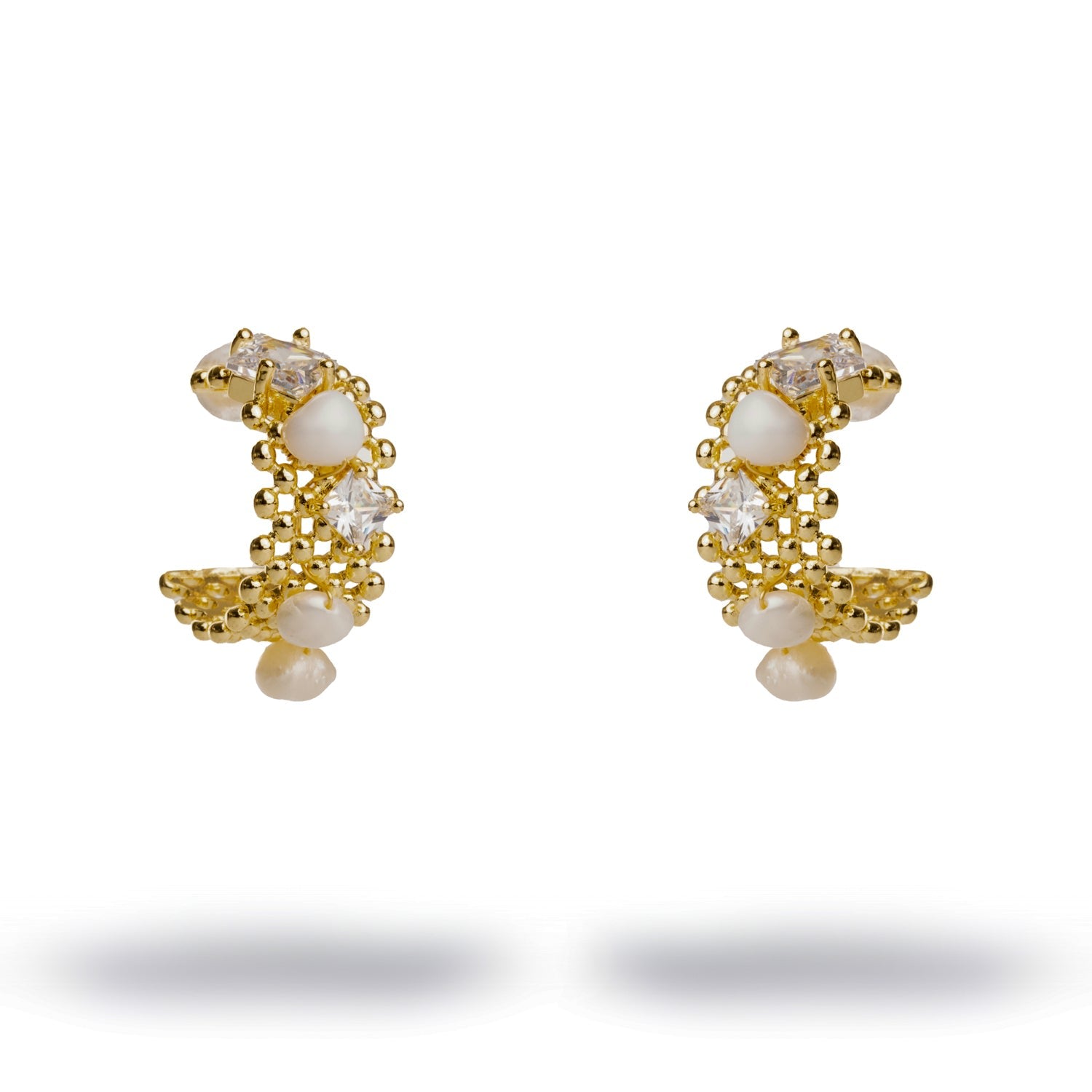 Filigree Design Pearl & Diamond Hoop Earrings - Gold