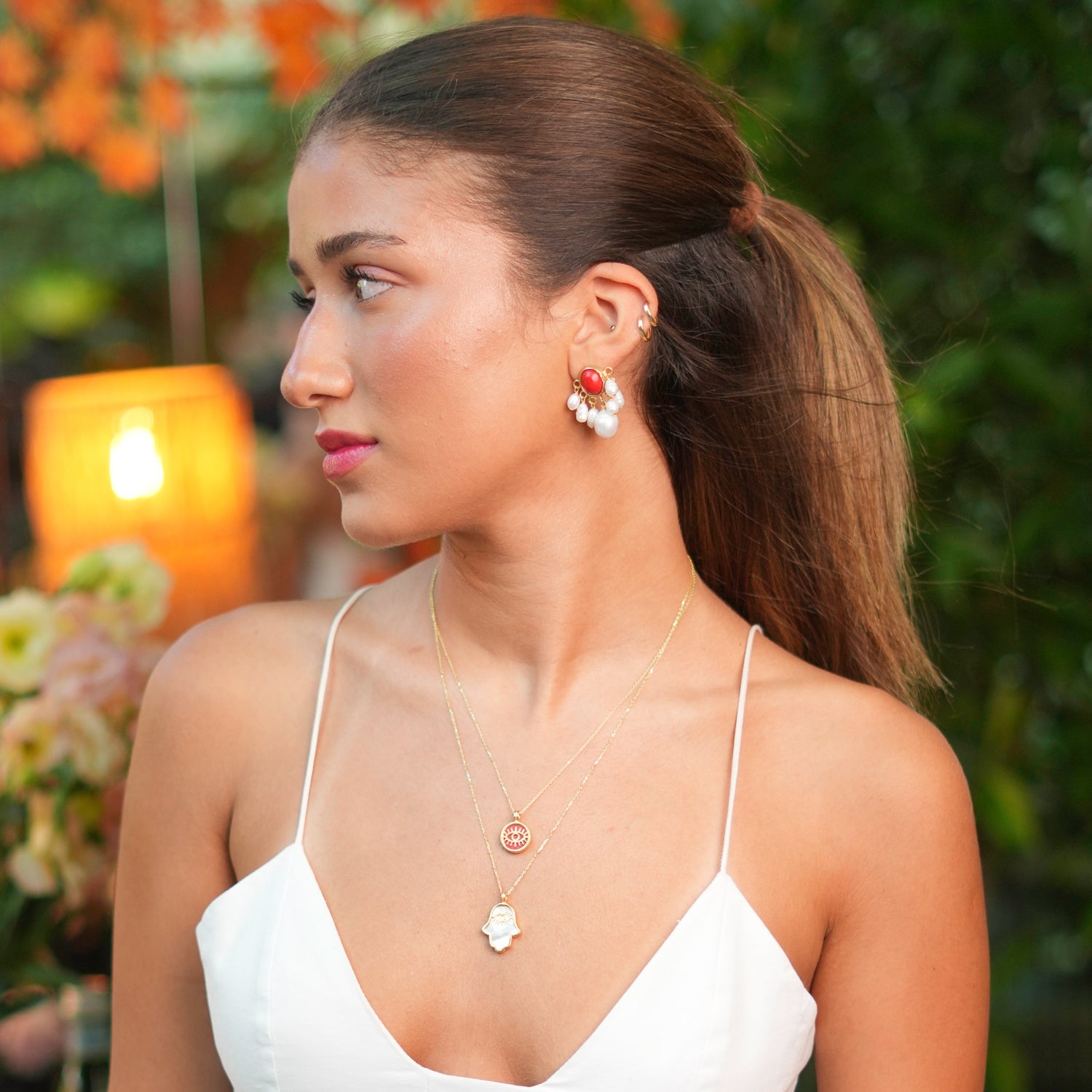 Coral & Gold Round Evil Eye Pendant Talisman Necklace - Red