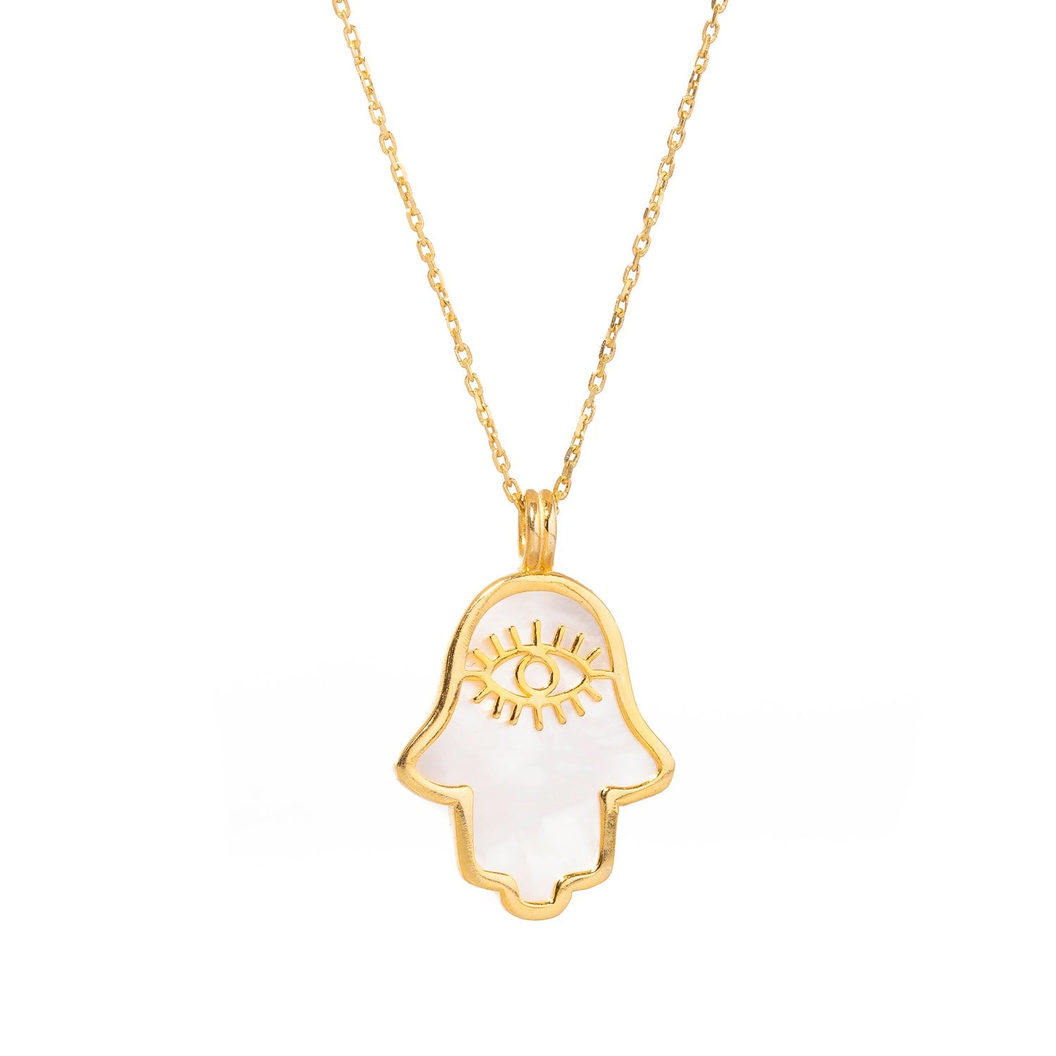 Pearl Divine Hamsa & Evil Eye Pendant Gold Vermeil Chain Necklace - White