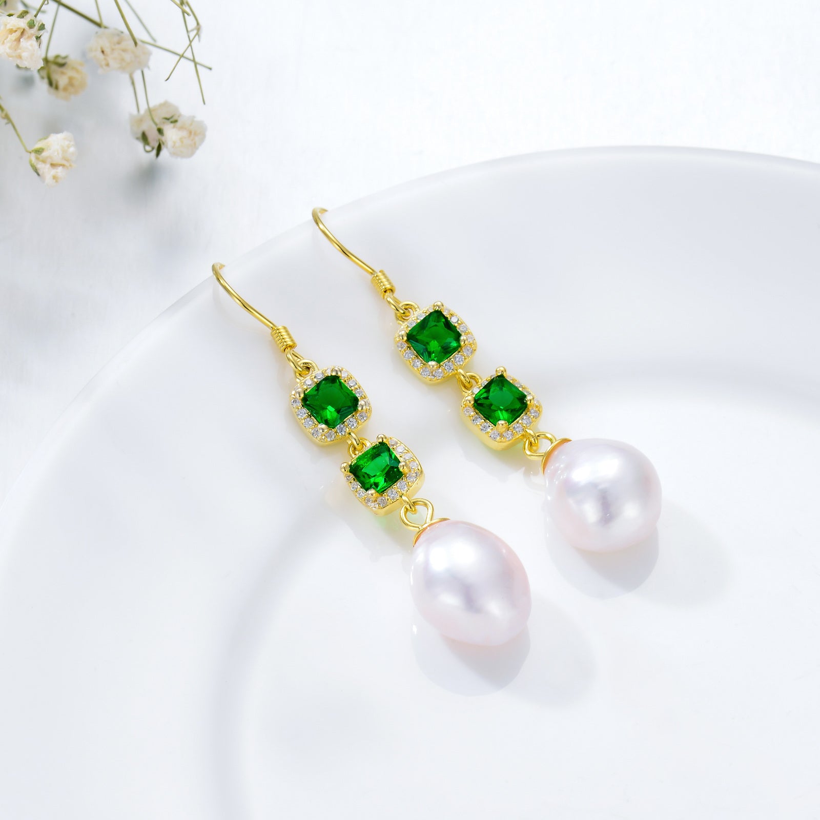 Gold Vermeil Green Square Cubic Zirconia & Pearl Drop Earrings for Women