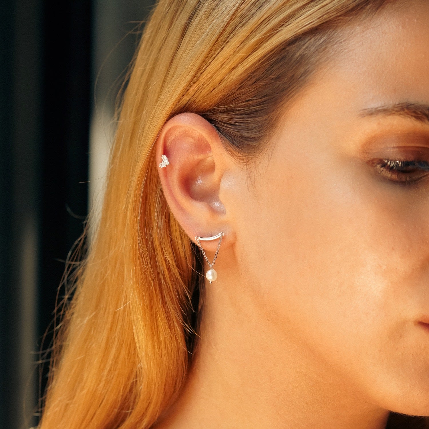 Pearl Drop Sterling Silver Piercing - Silver