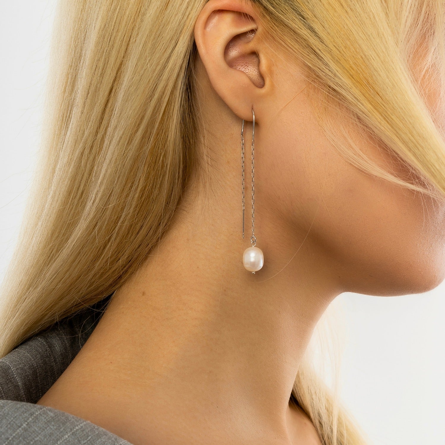 Pearl Drop Threader Silver Chain Earring