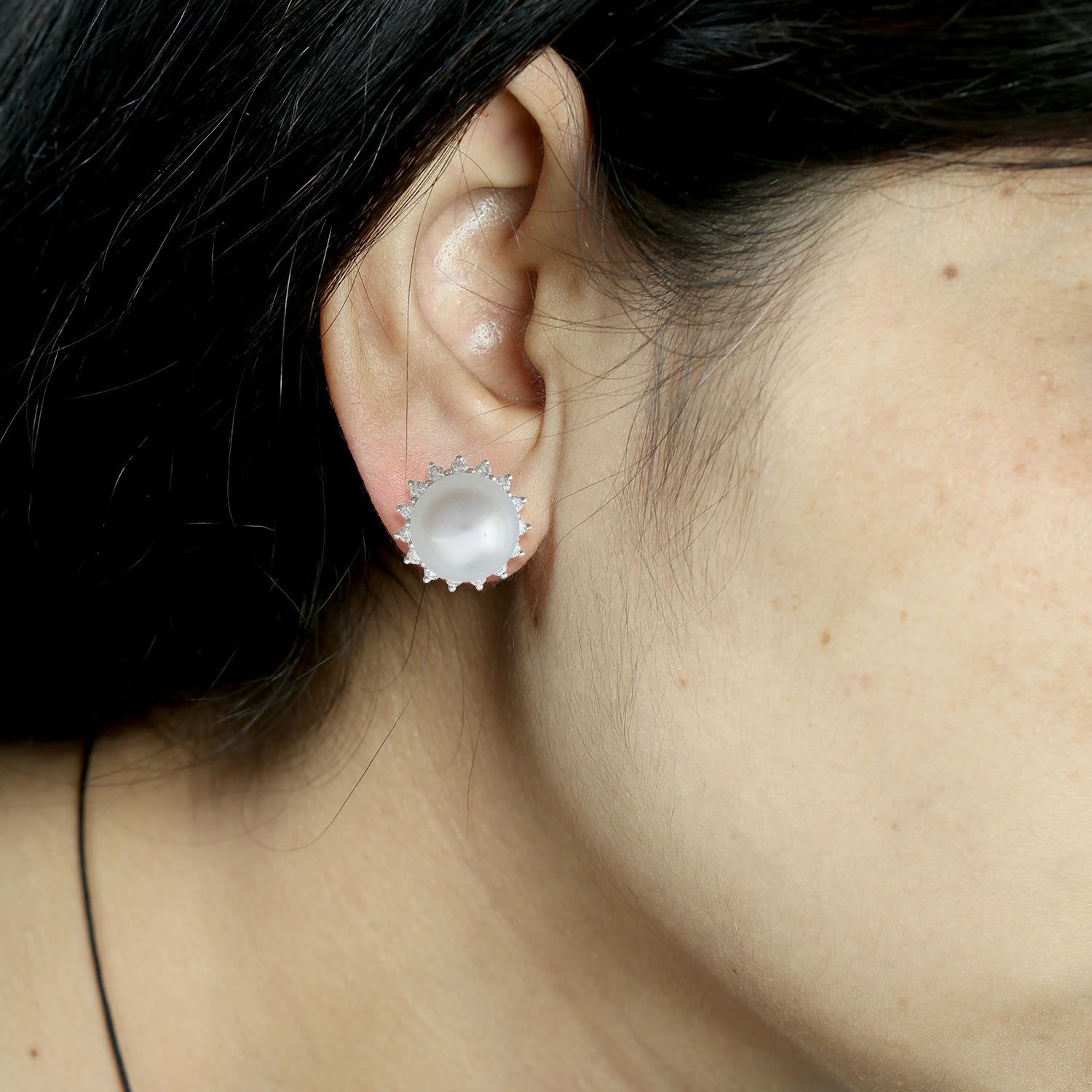 Pearl Gemstone & Diamond Stud Earrings In 18K White Gold