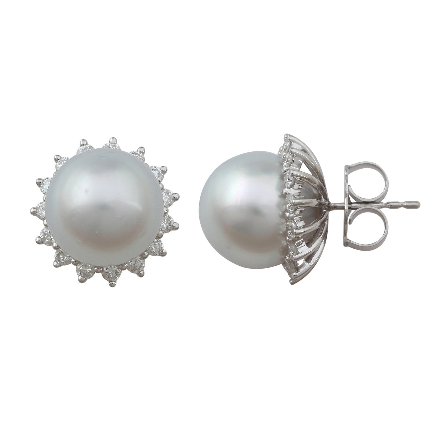Pearl Gemstone & Diamond Stud Earrings In 18K White Gold