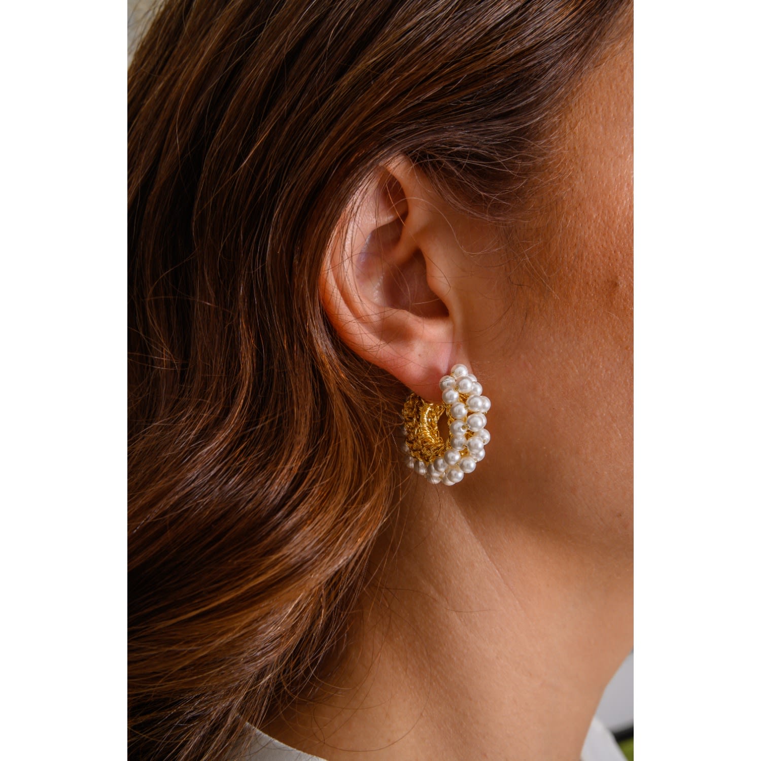 Pearl & Gold Dandelions Hoops Handmade Earrings