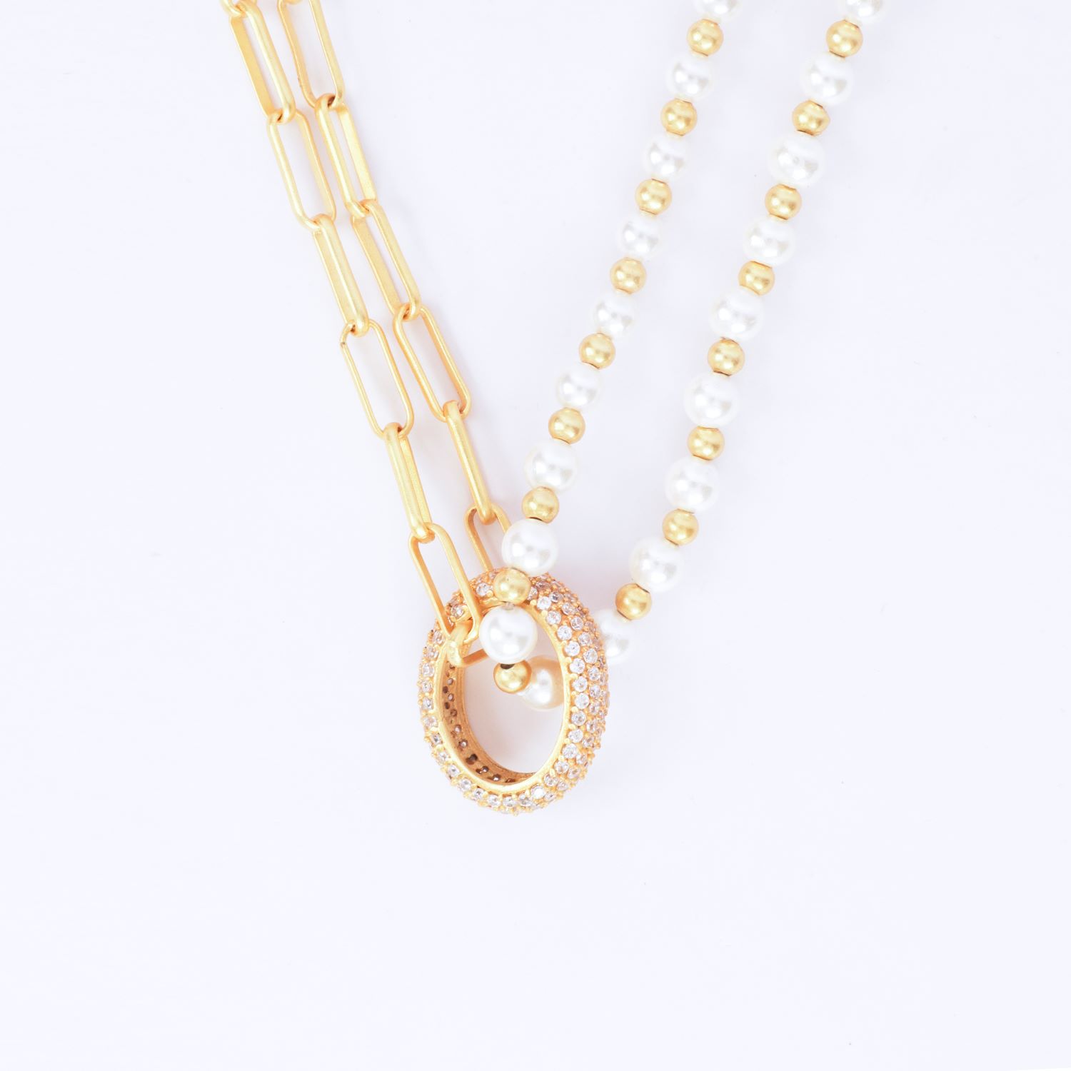 Pearl Link Choker With Oval Cz Loop