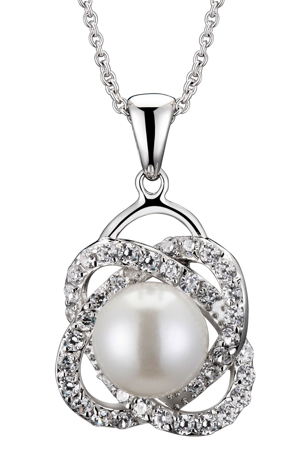 Pearl Set Into Two Twisted Rows Of Round Cubic Zirconia Sterling Silver Pendent